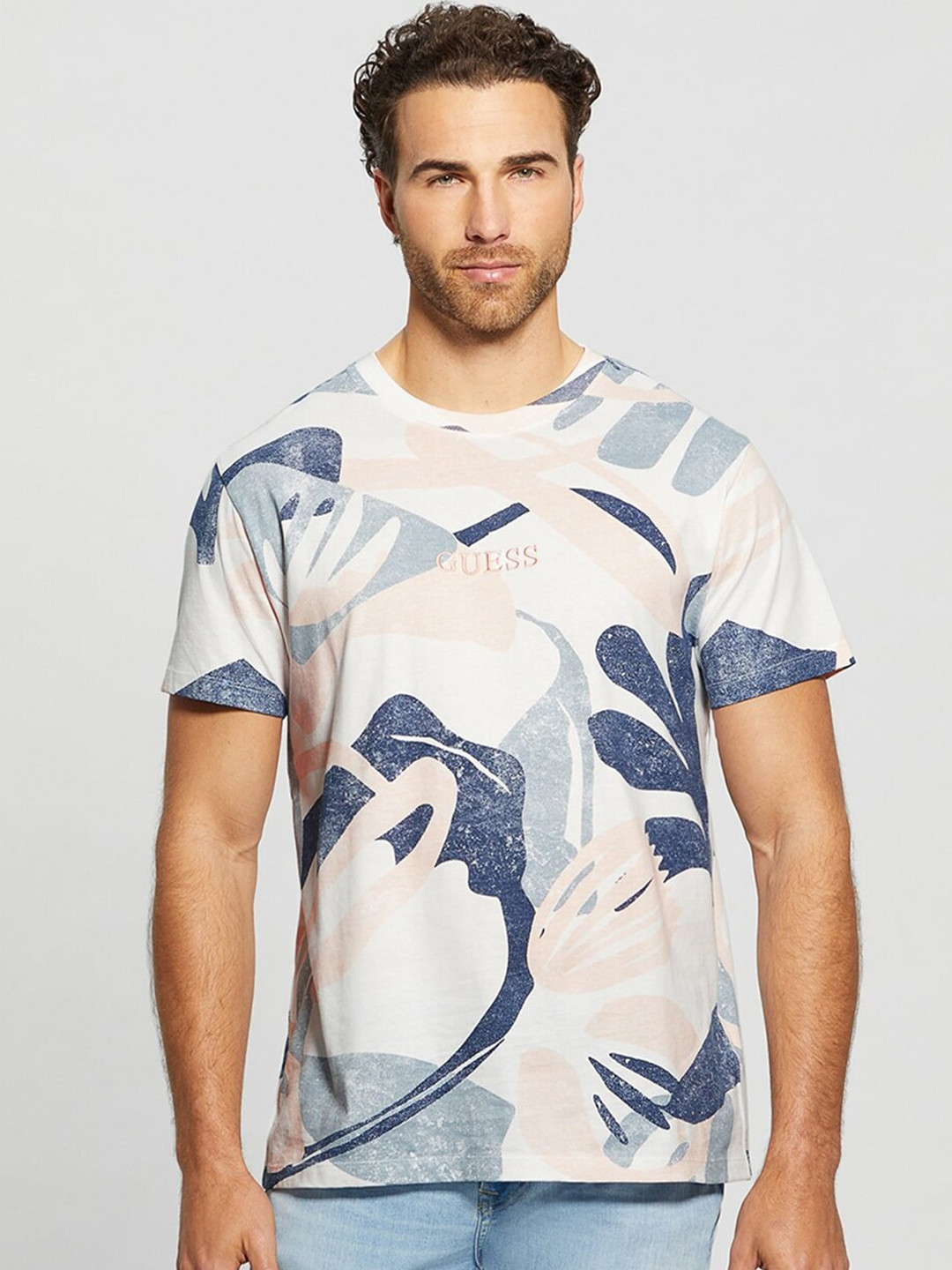 GUESS Abstract Printed Cotton Round Neck Regular Fit T-shirt