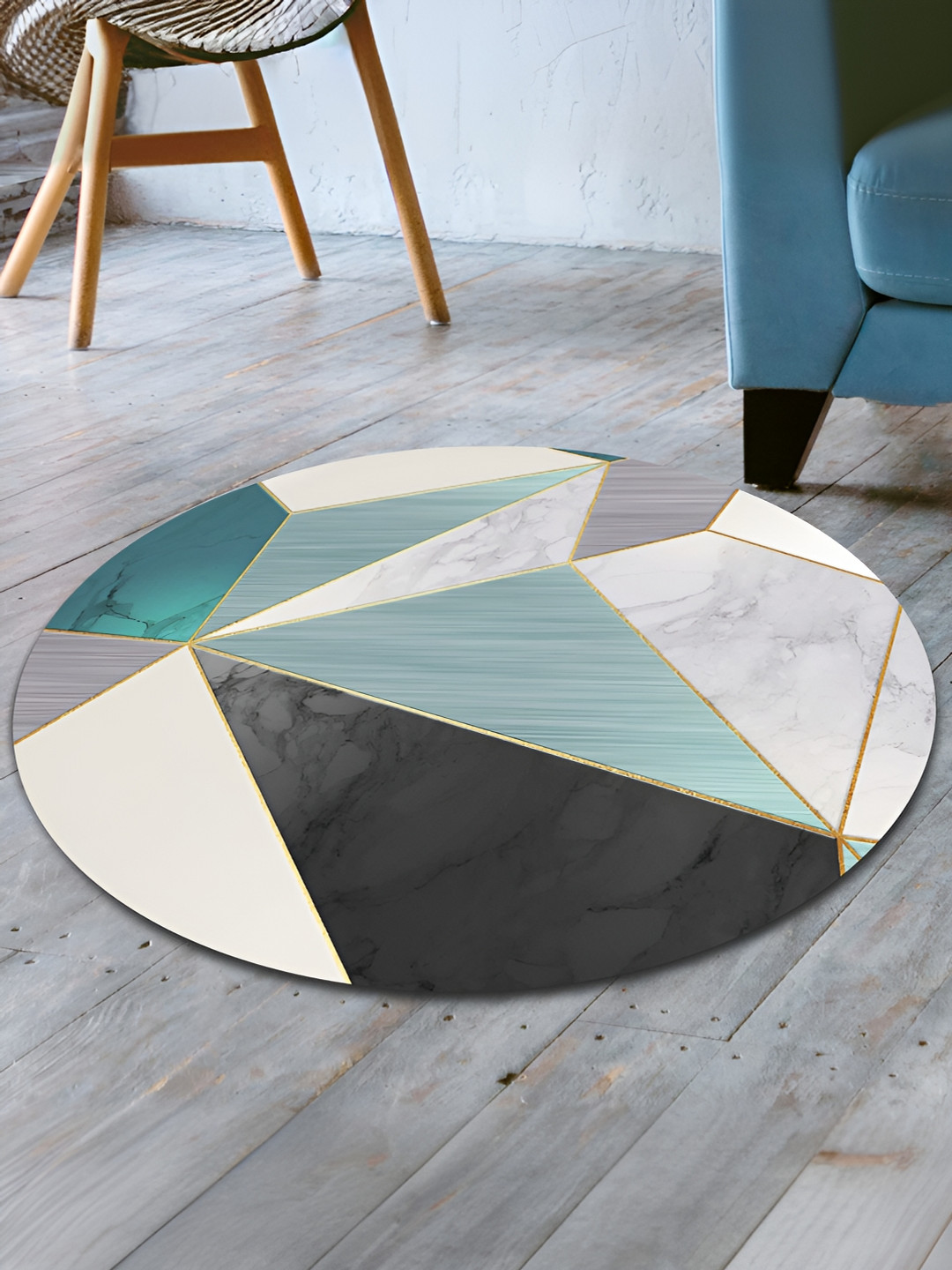 UMAI Blue & Grey Printed Anti-Skid Round Doormat