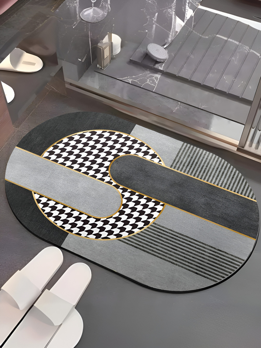 UMAI Grey Geometric Anti-Skid Bathroom Mat