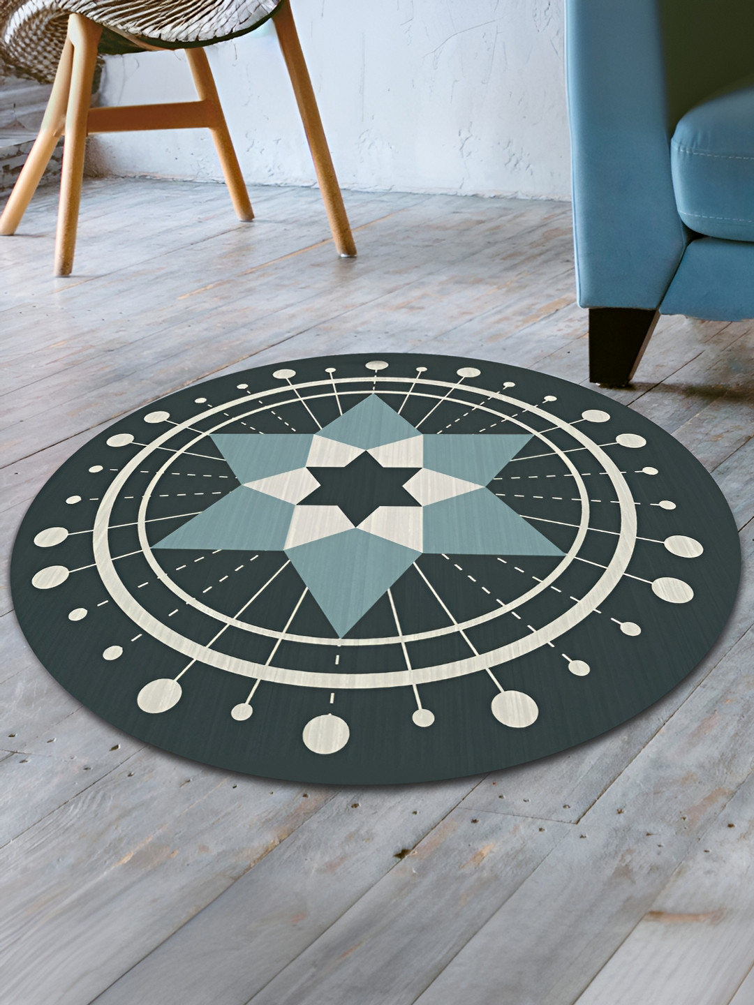 UMAI Blue & Green Star Printed Round Anti Skid Bath Rug
