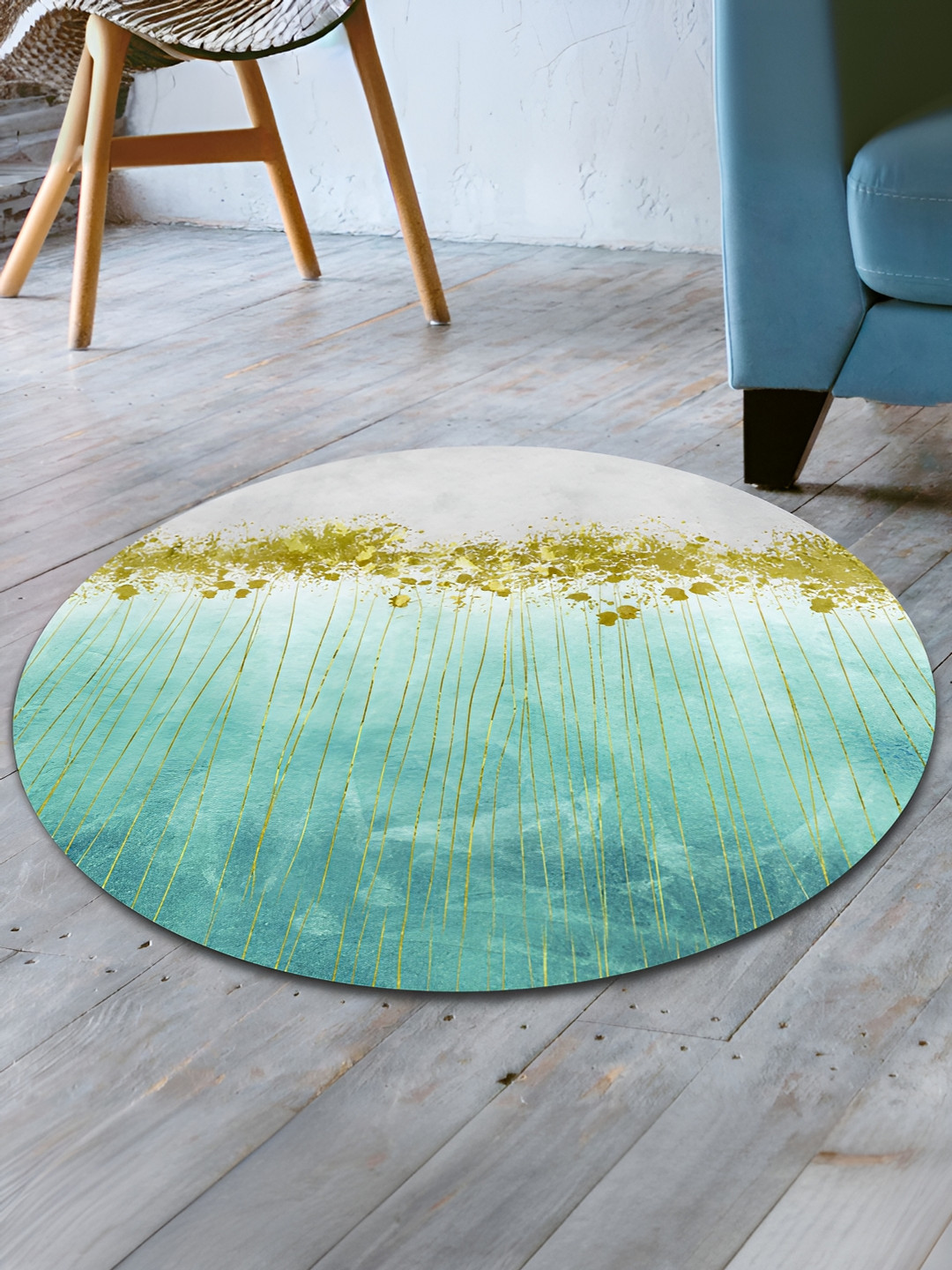 UMAI Blue & Green Printed Round Anti-Skid Bath Rug