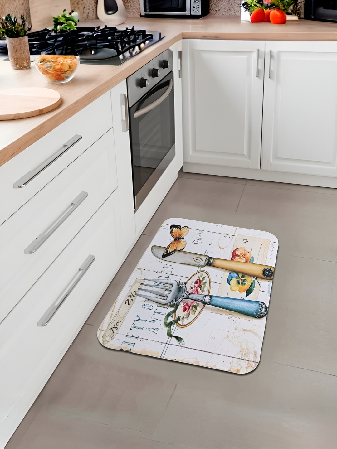 UMAI White & Blue Printed Anti-Skid Bath Rug