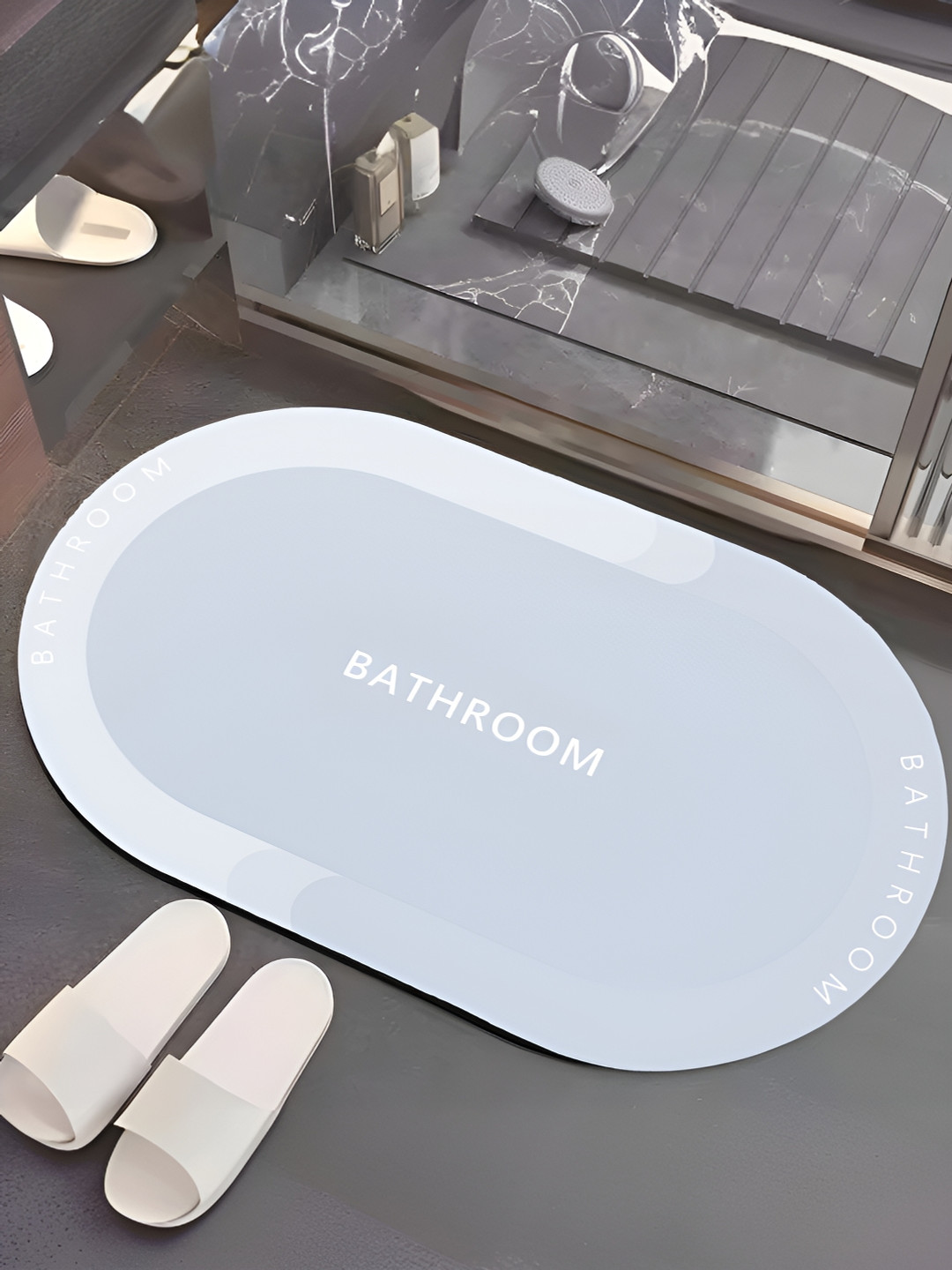 UMAI Blue & White 240 GSM Bathroom-Printed Anti-Skid Oval Bath Mat