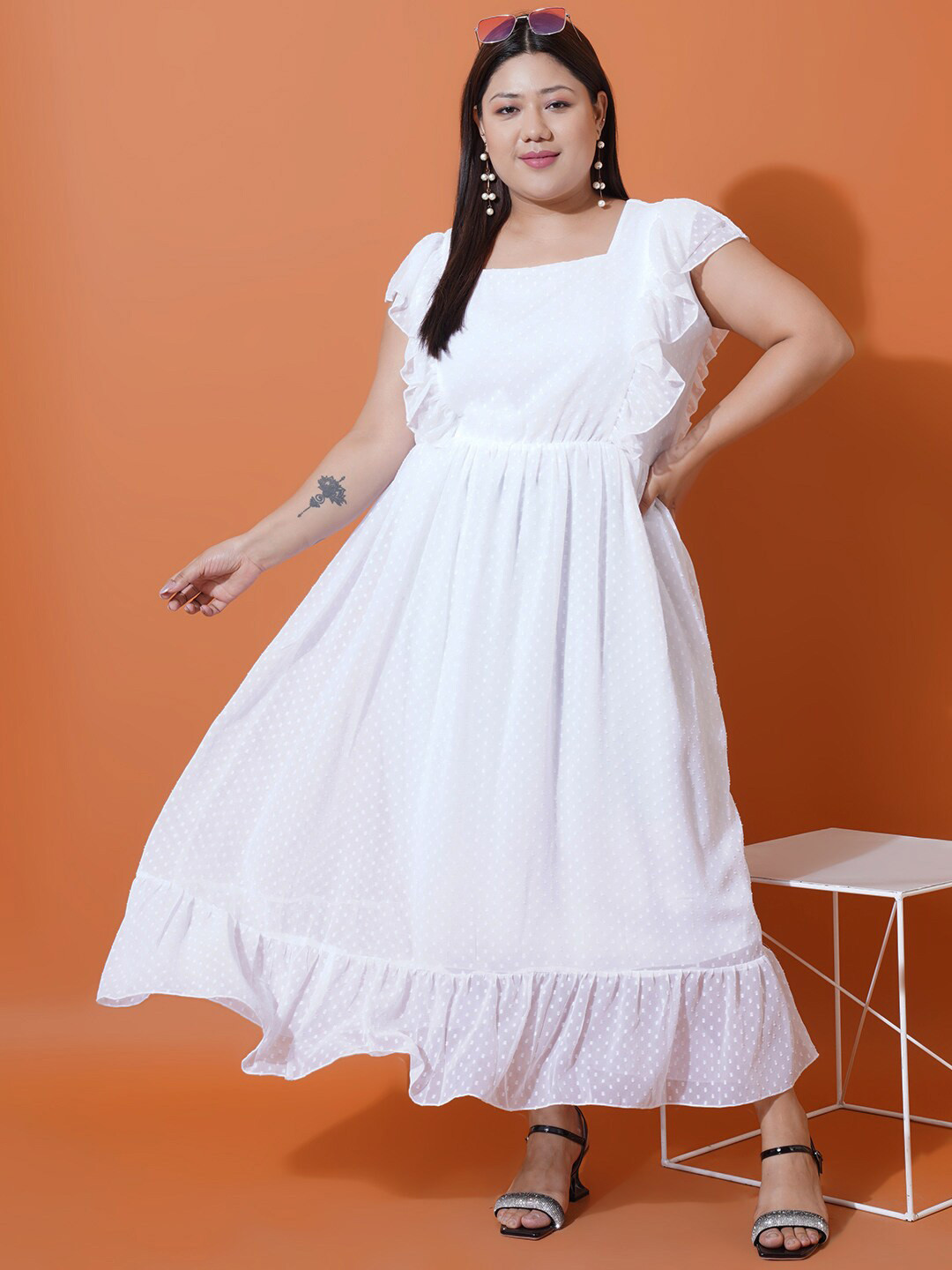 U&F Beyond Polka Dots Self Design Square Neck Flounce Ruffled  Fit & Flare Maxi Dress