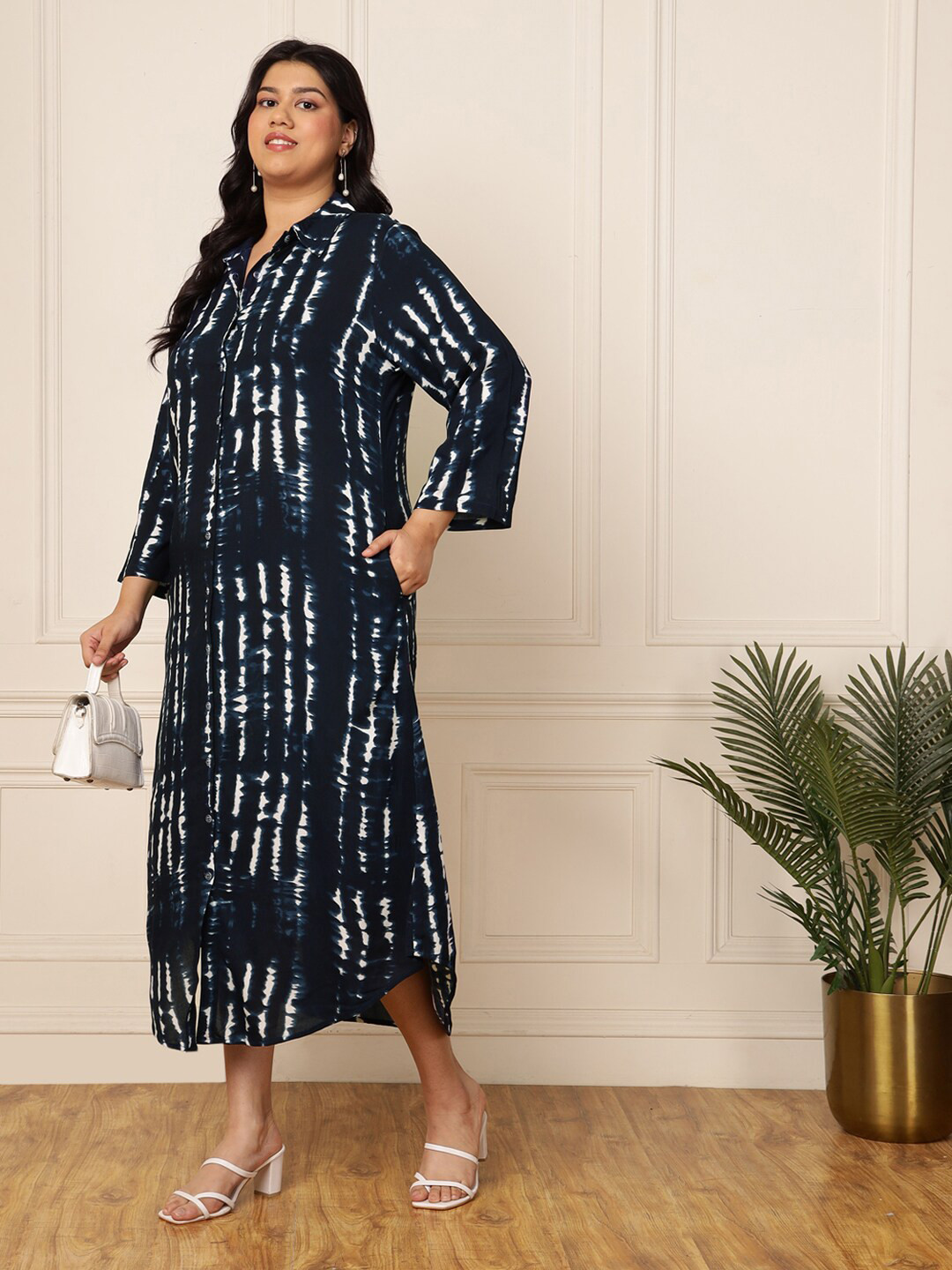 DEEBACO Plus Size Print Shirt Collar A-Line Midi Dress