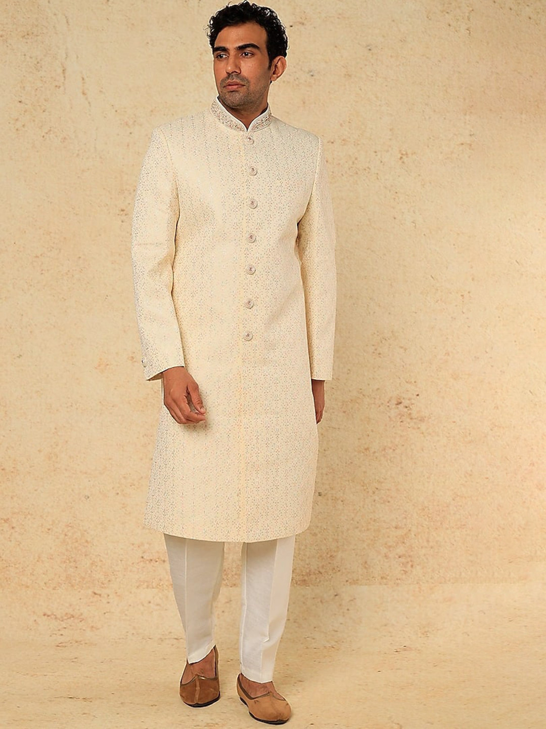 RNG Safawala Embroidered Mandarin Collar Silk Sherwani Set