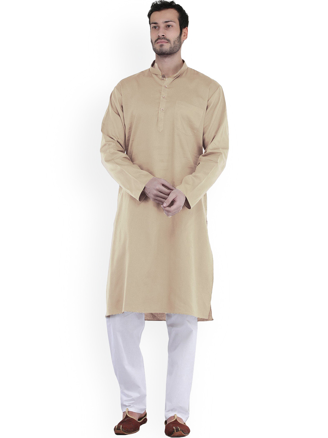 Exotic India Pastel Rose Tan Cotton Plain Casual Kurta with White Pajama Set