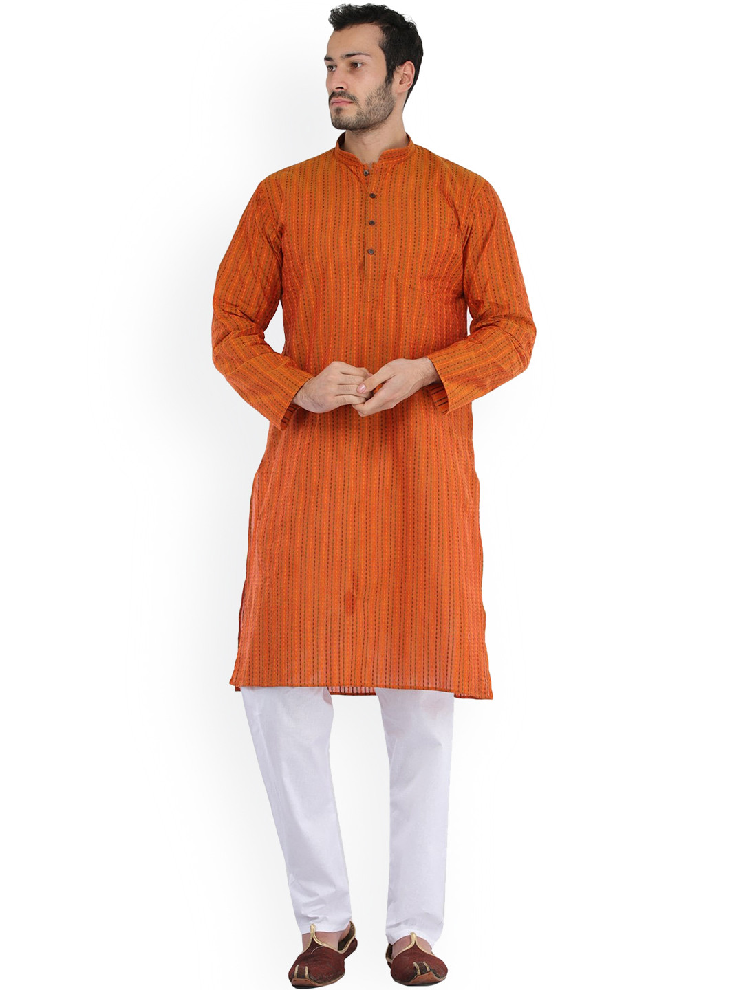 Exotic India South Cotton Golden Ochre Kurta Pyjama Set with Thread Weave