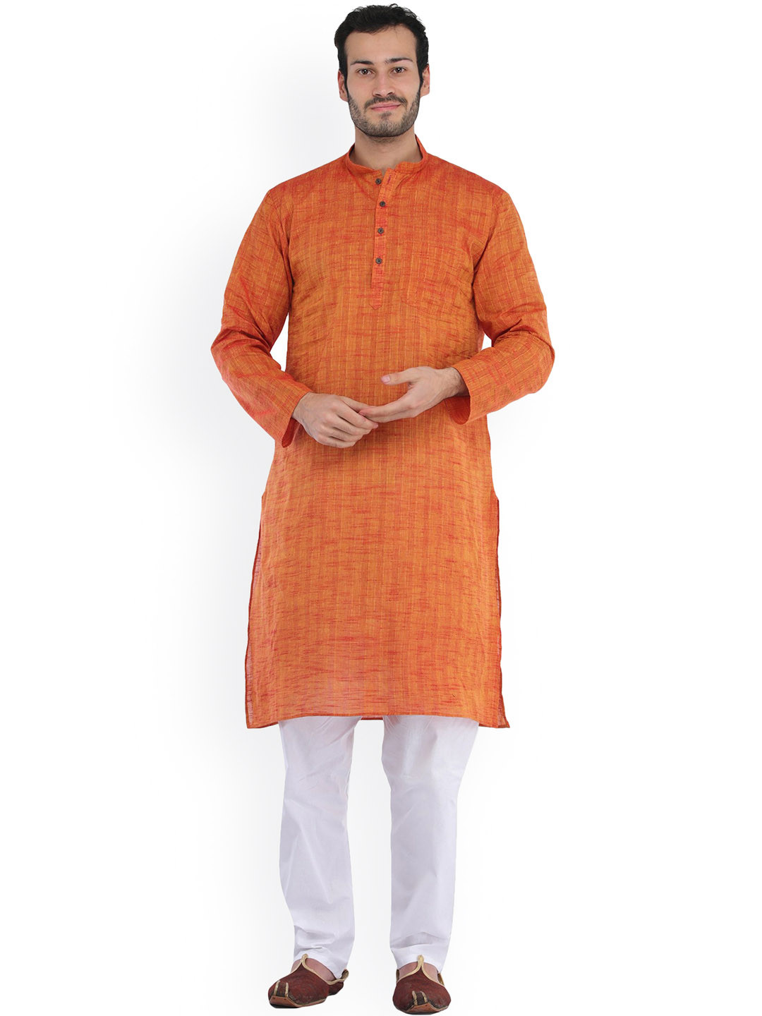 Exotic India Golden Ochre Pure Cotton Casual Kurta Pajama Set with Straight Stitch