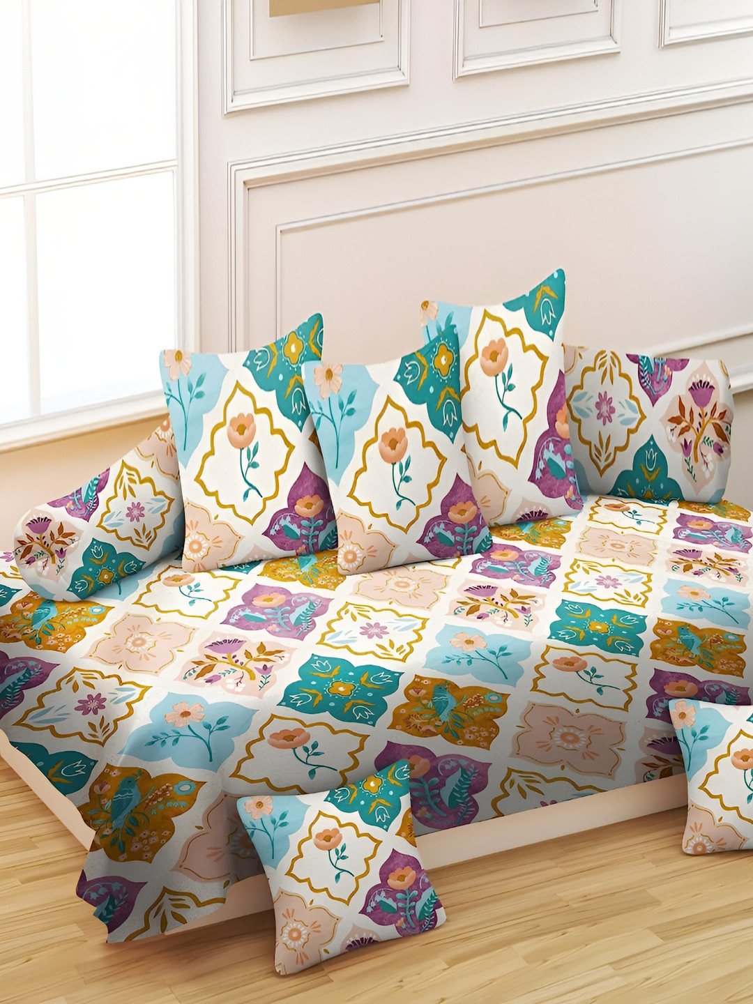 RRC 8-pcs White & Blue Geometric Printed Microfiber Cotton Diwan Set