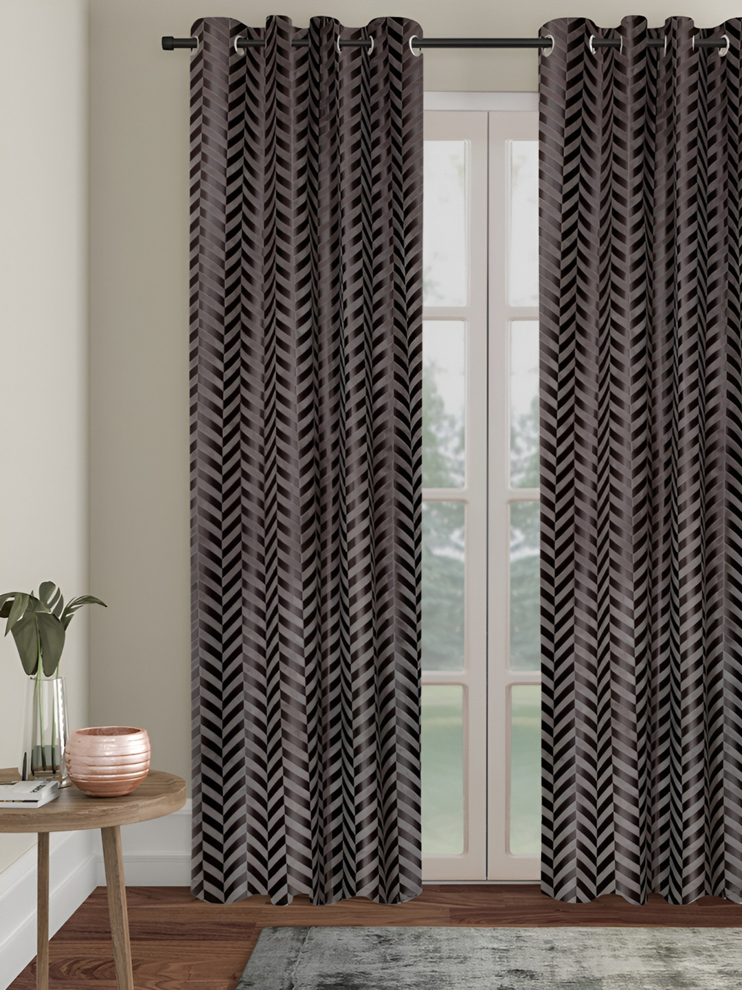 SOKNACK Grey & Grey Melange Striped Black Out Long Door Curtain