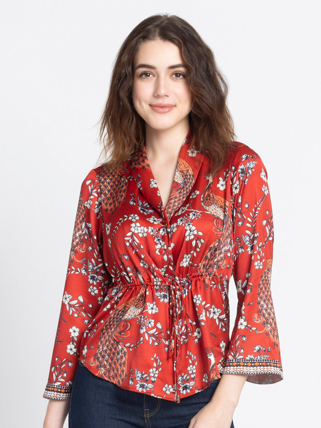 SHAYE Cowl Neck Flared Sleeves Smart Floral Printed Casual Shirt