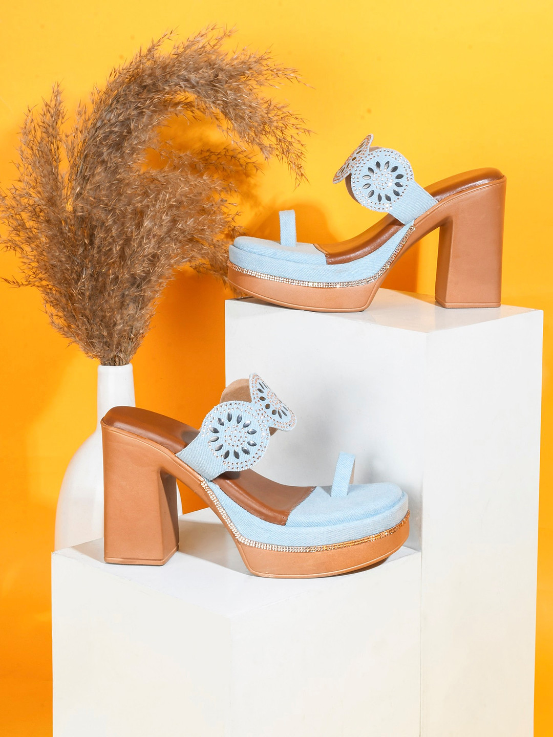 Try Me Embellished Open Toe Platform Heels with Laser Cuts