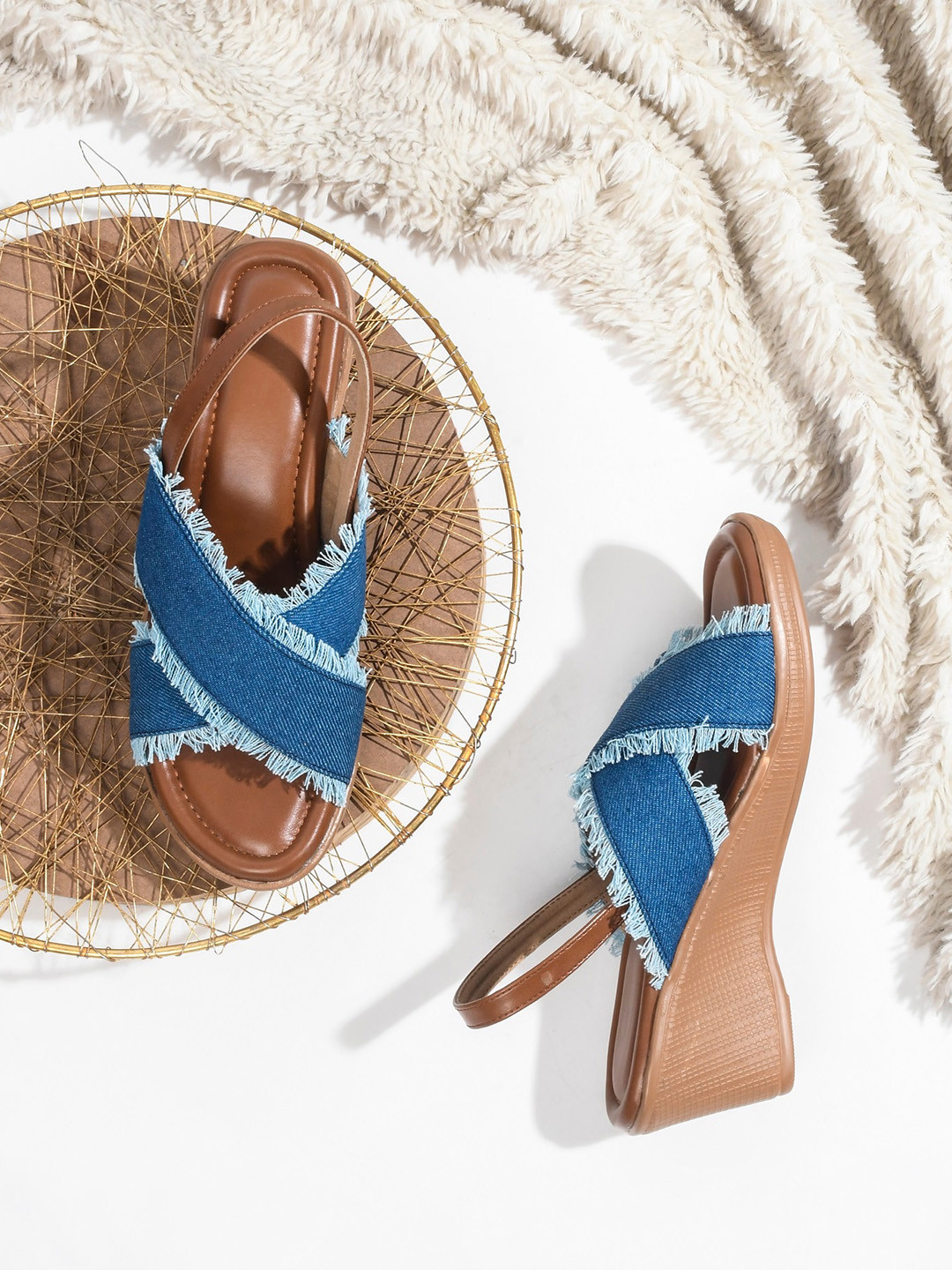 Try Me Textured Open Toe Backstrap Canvas Wedges