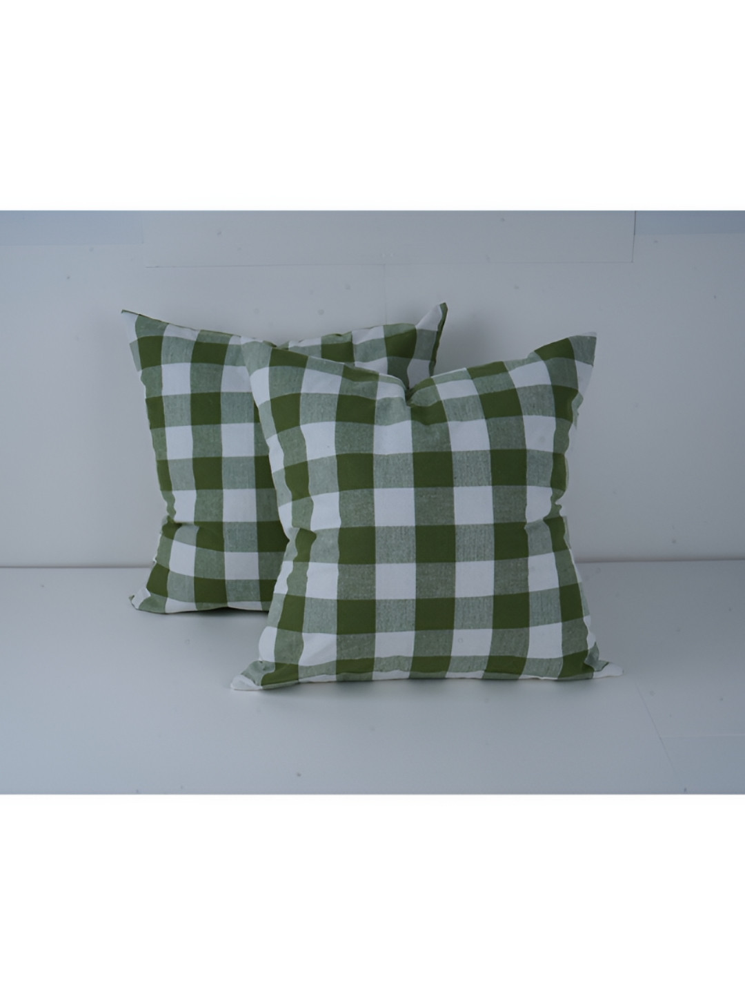 SKANDA FAB Lightweight Green Checked Cotton 2 Pcs Textured Square Cushion Covers -20x20In