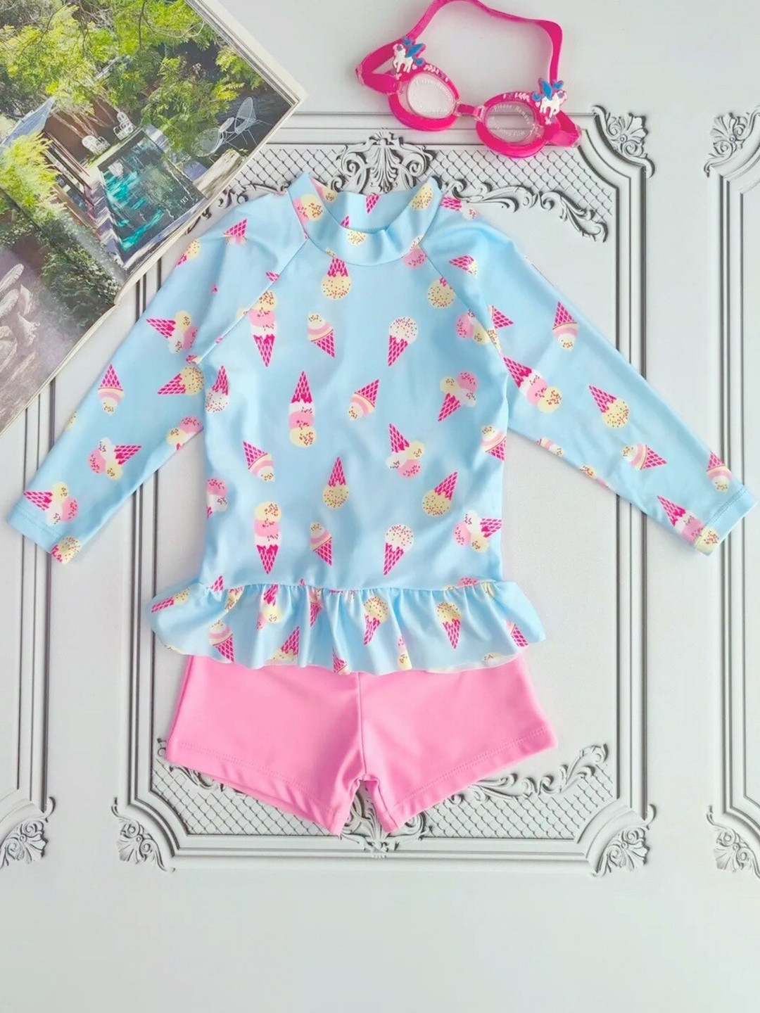 bubble berry Girls Ice-Cream Printed Long Sleeves Swimsuit