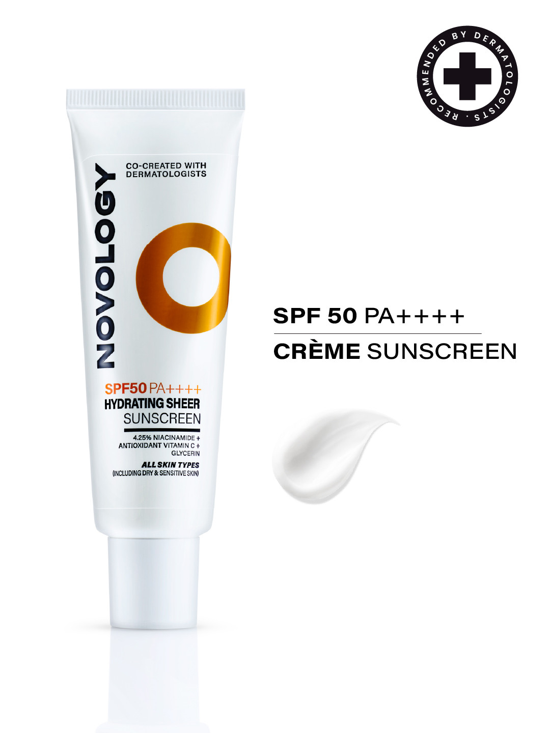 Novology SPF50 PA++++ Hydrating Sheer Sunscreen with 4.5% Niacinamide & No White Cast -50g