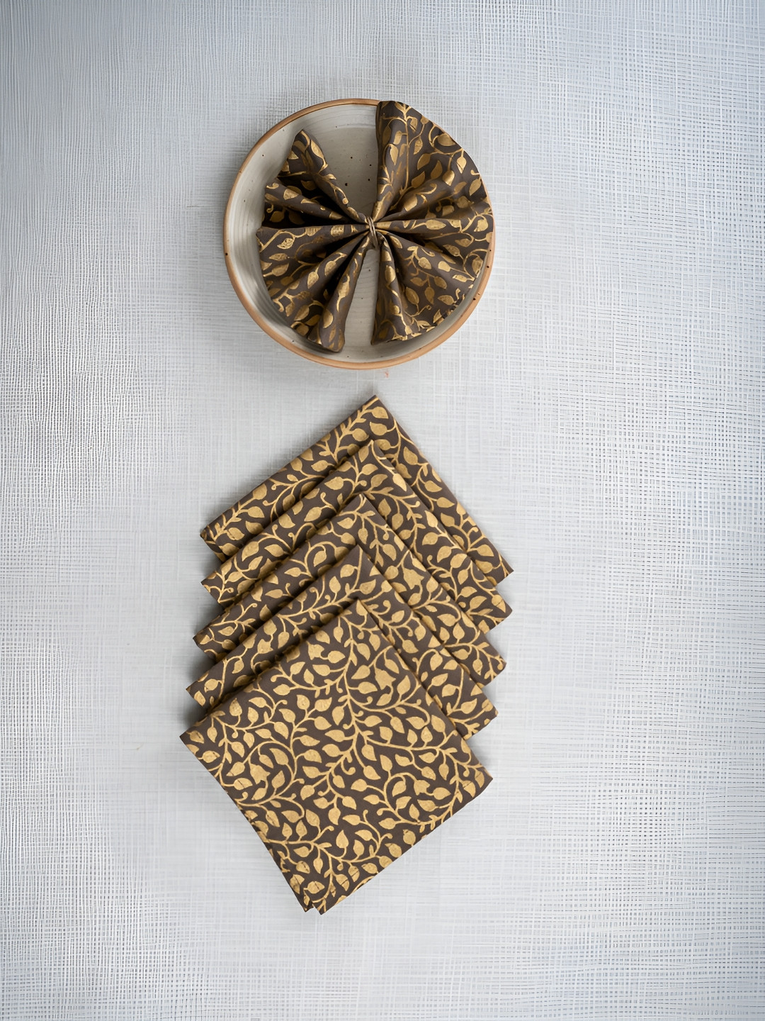Ratan Cart Brown & Yellow 6 Pieces Gold Leaf Printed Cotton Dinner Table Napkins
