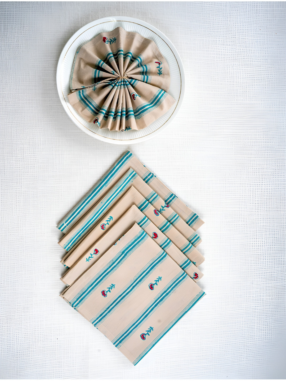 Ratan Cart Blue & Beige 6 Pieces Striped Table Napkins