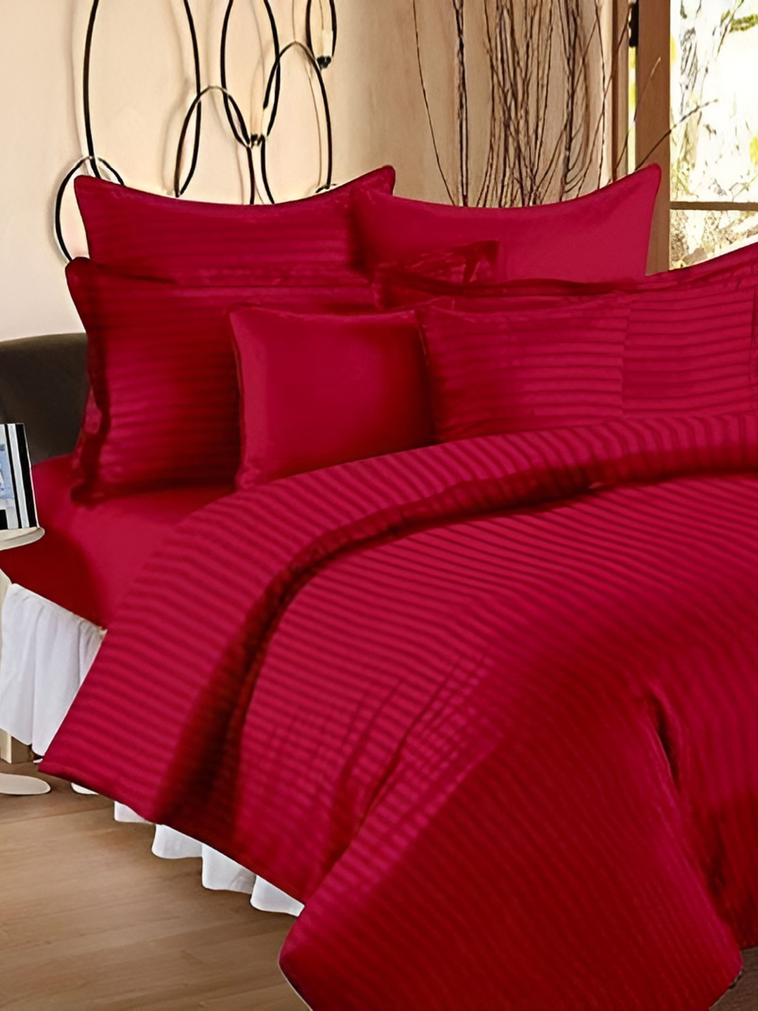 RRC Maroon Striped Microfiber Cotton Satin Double Queen Duvet Cover