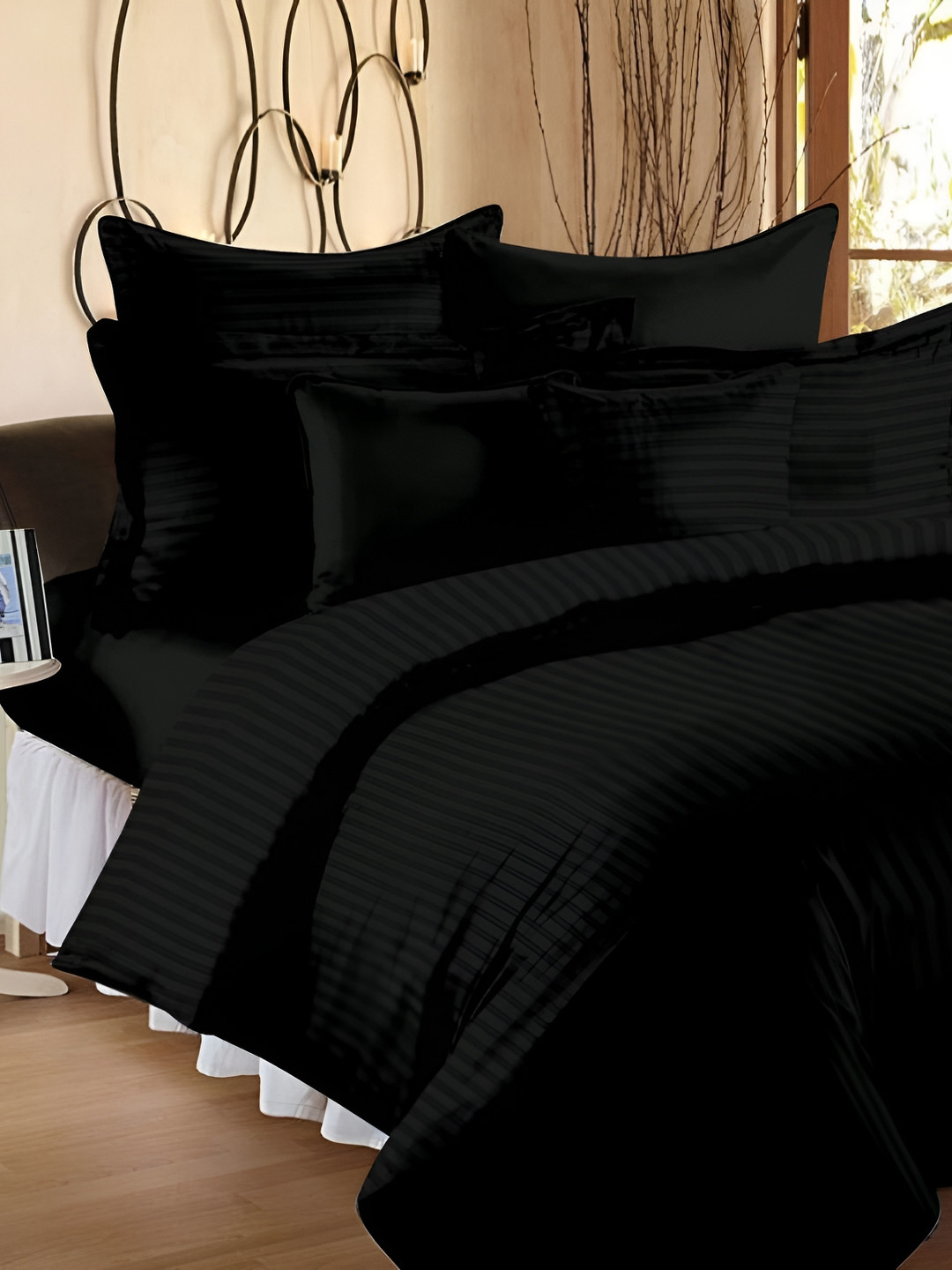 RRC Black Striped Microfiber Cotton Satin Double Queen Duvet Cover