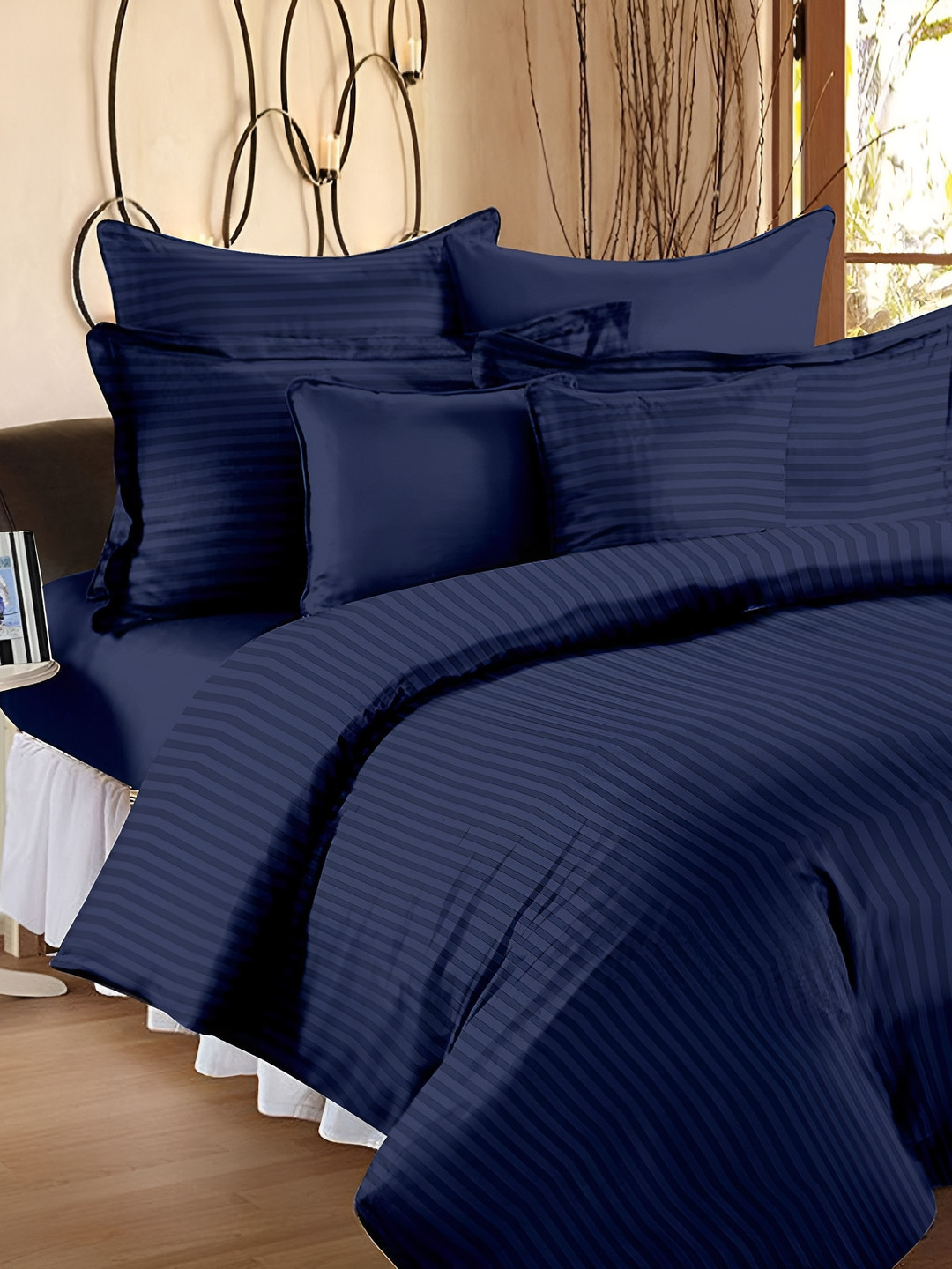 RRC Navy Blue Striped Microfiber Cotton Satin Double Queen Duvet Cover