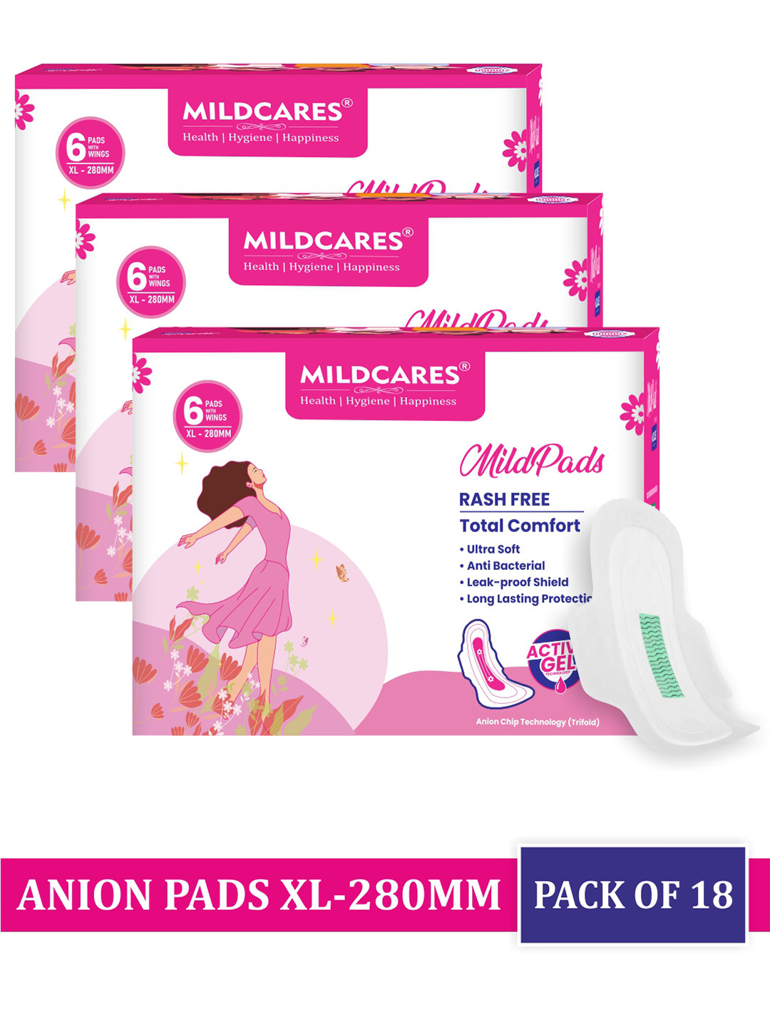 MILDCARES Set Of 3 Ultra-Thin & Anion Chip Technology Sanitary Pads XL-6Pads Each