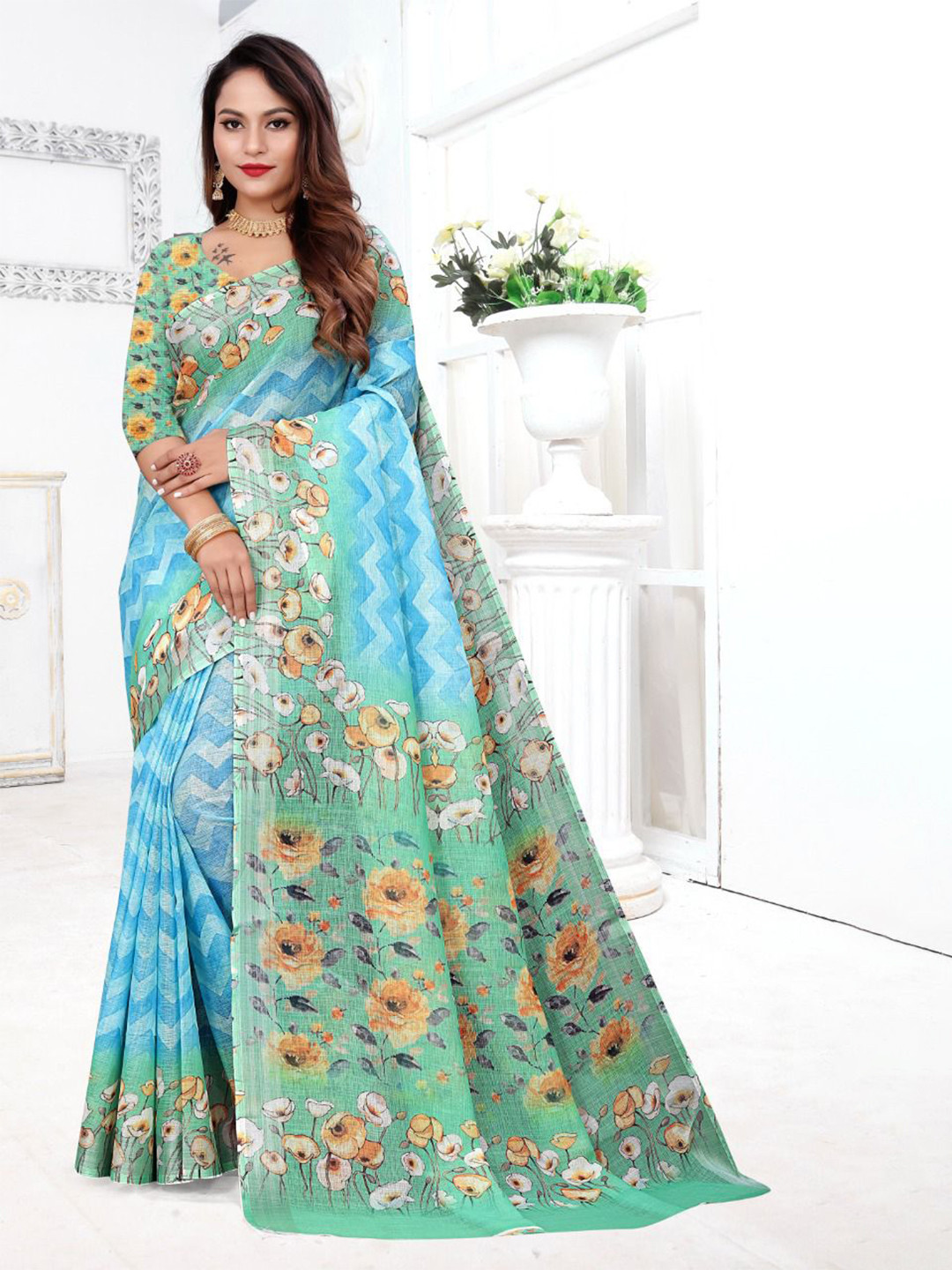 Fevinaa Striped Linen Blend Saree