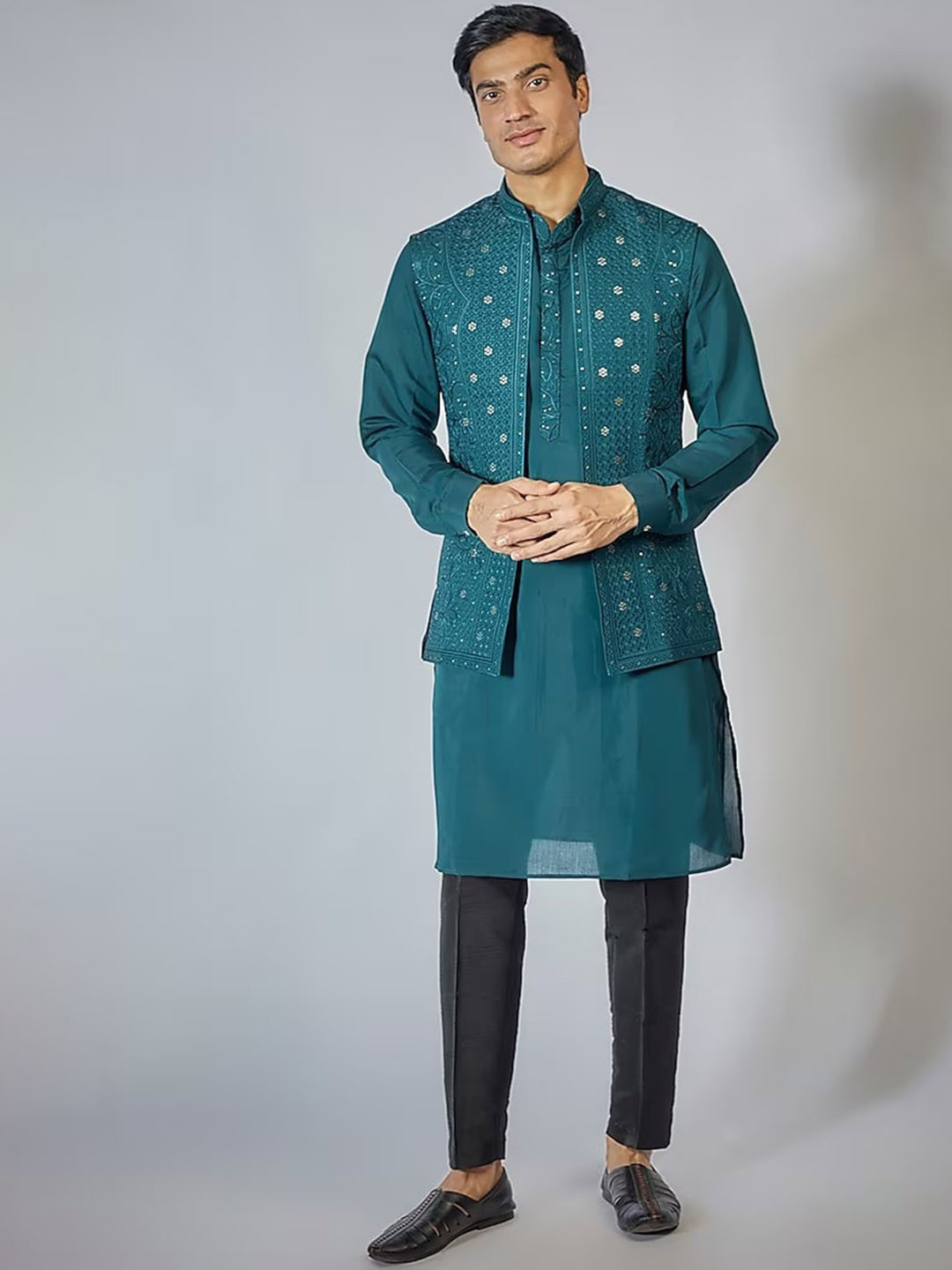 RNG Safawala Mandarin Collar Pure Cotton Kurta with Trousers & Jacket