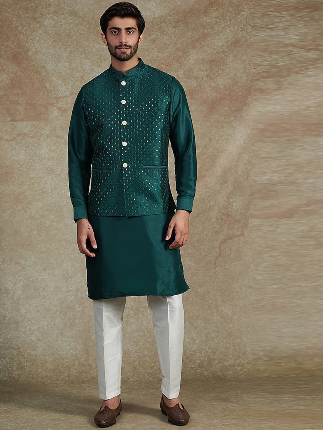 RNG Safawala Mandarin Collar Regular Sequinned Raw Silk Kurta with Trouser & Jacket