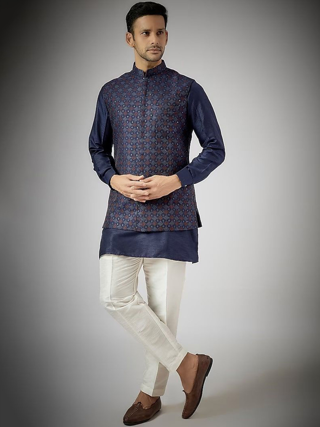 RNG Safawala Mandarin Collar Dupion Silk Straight Kurta With Pyjamas With Nehru Jacket
