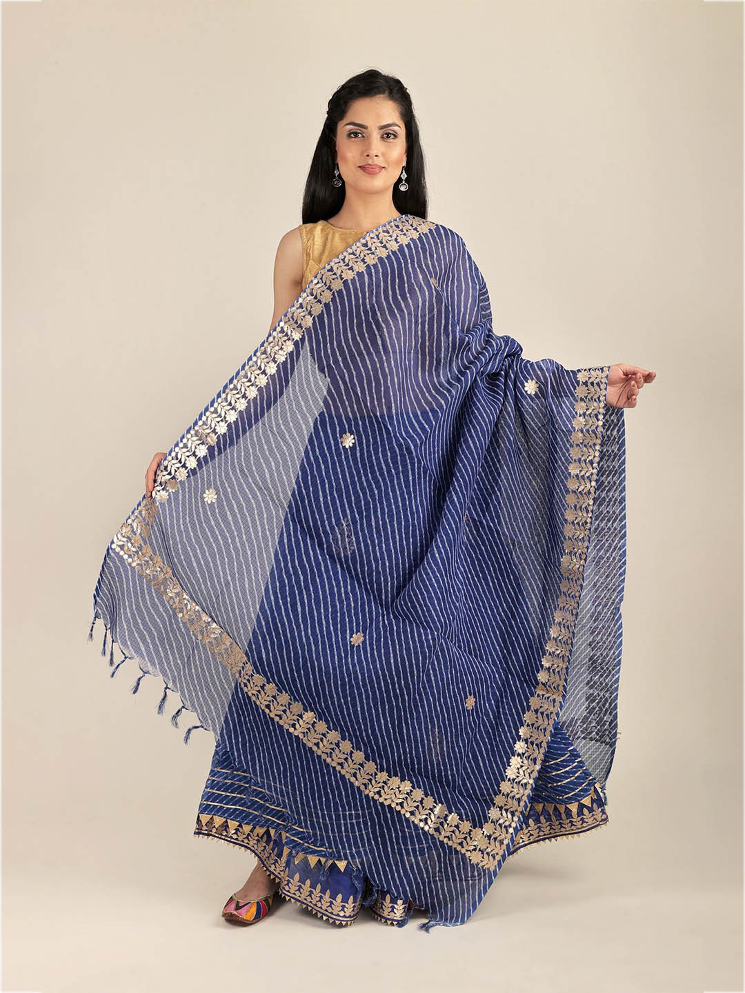 Exotic India Blue Traditional Leheriya Tie-Dye Kota Doria Cotton Jodhpuri Dupatta
