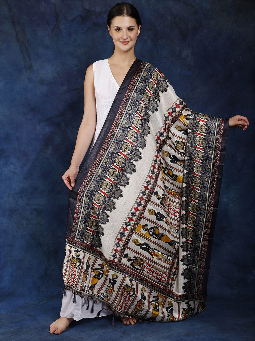 Exotic India Ivory Batik Afro Women Motif Printed Banglori Satin Dupatta