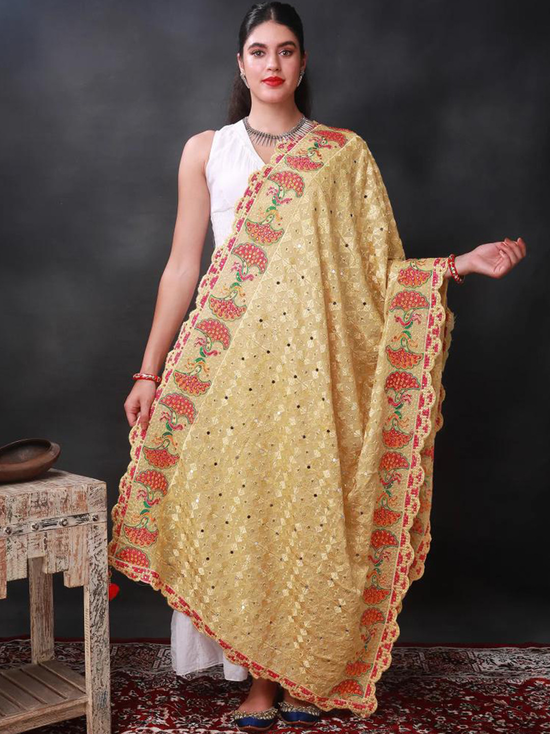 Exotic India Beige Phulkari Dupatta with Peacock Embroidered and Bead-Mirror Work