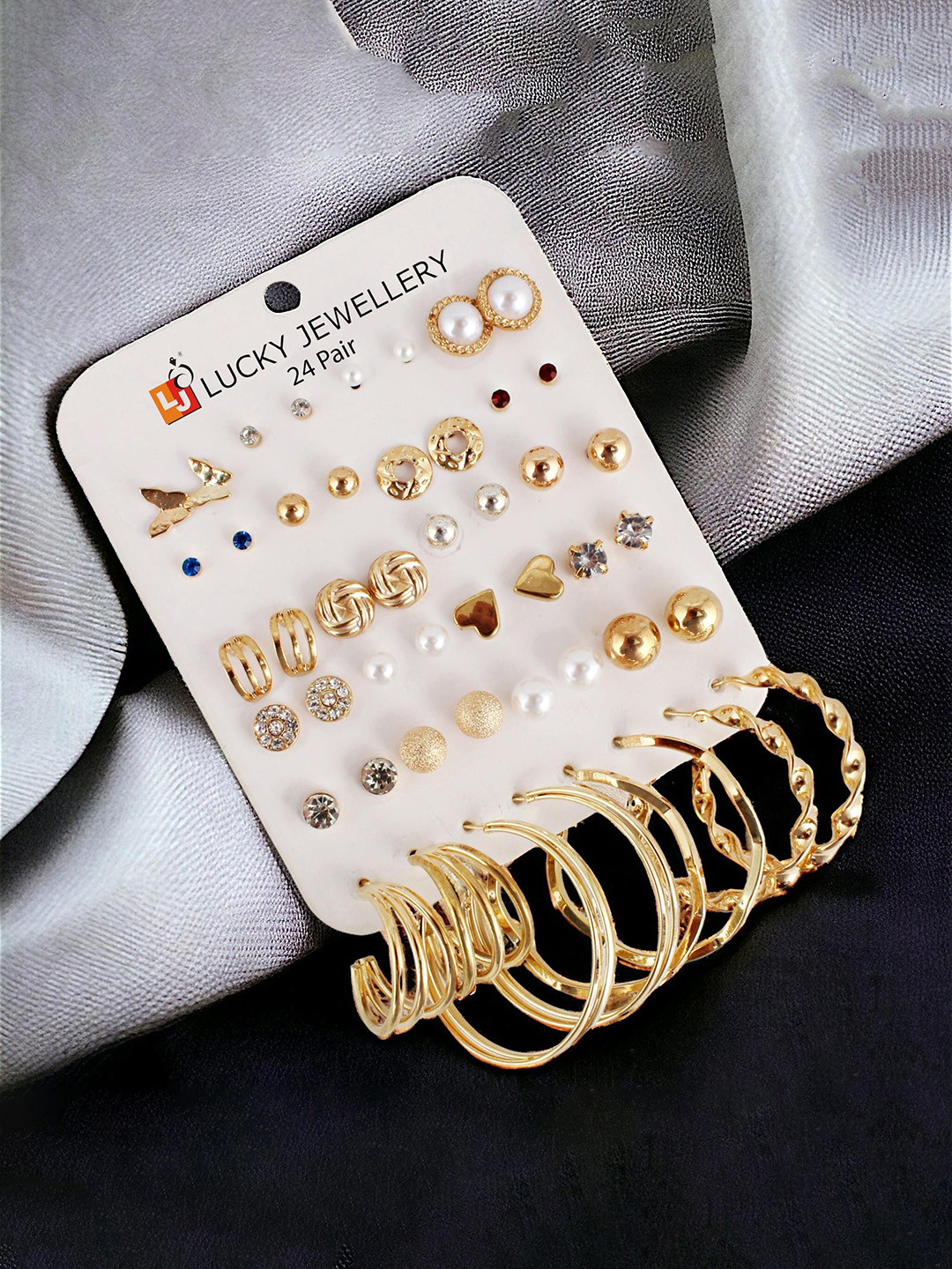 LUCKY JEWELLERY Set of 24 Gold-Plated Studs & Hoop Earrings