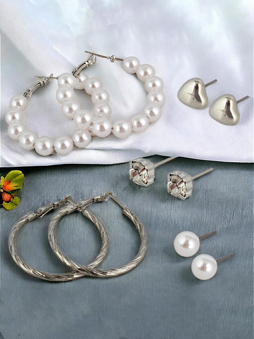 LUCKY JEWELLERY Set Of 5 Silver-Plated Stone Studded Beaded Studs & Hoop Earrings