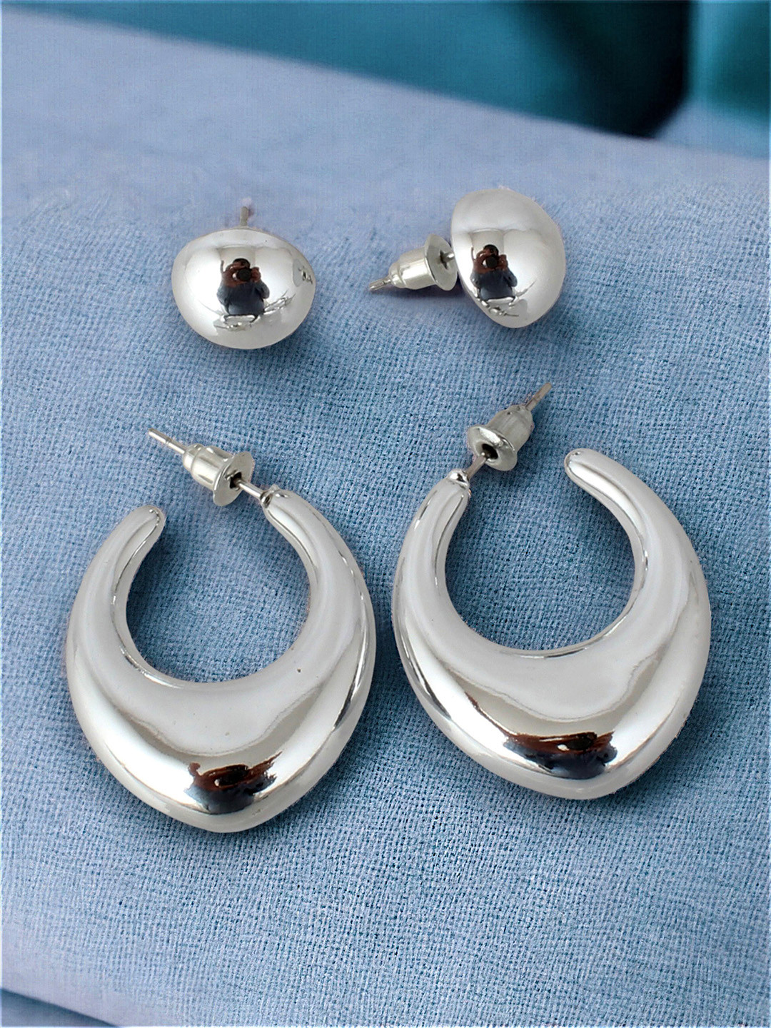 LUCKY JEWELLERY Set of 2 Silver Plated Studs and Half Hoop Earrings