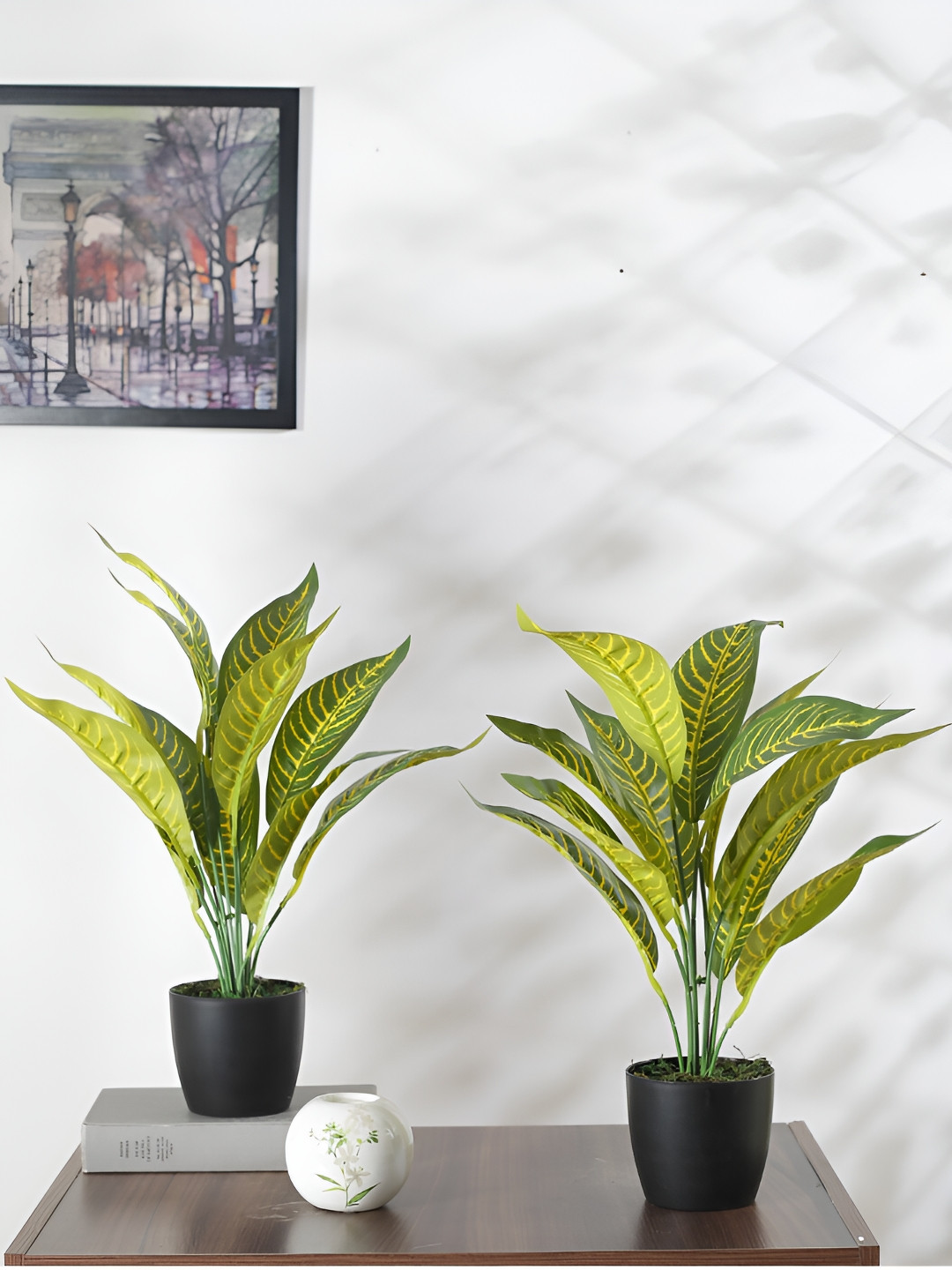 Home Bloom Yellow 2 Pieces Croton Artificial Plants With Pots