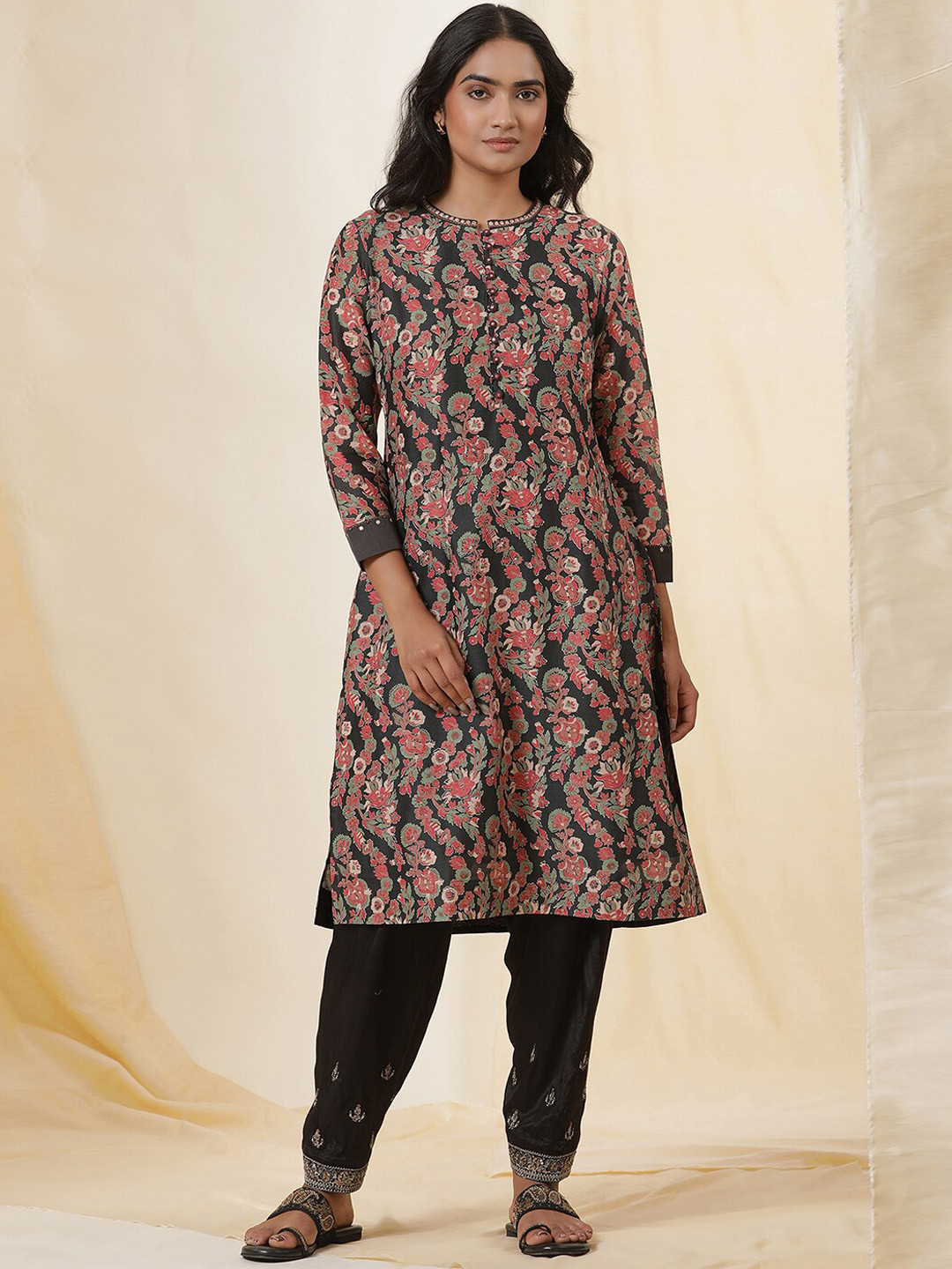 Folk Song  Black Floral Printed Thread Folk Song ork Cotton Straight Kurta