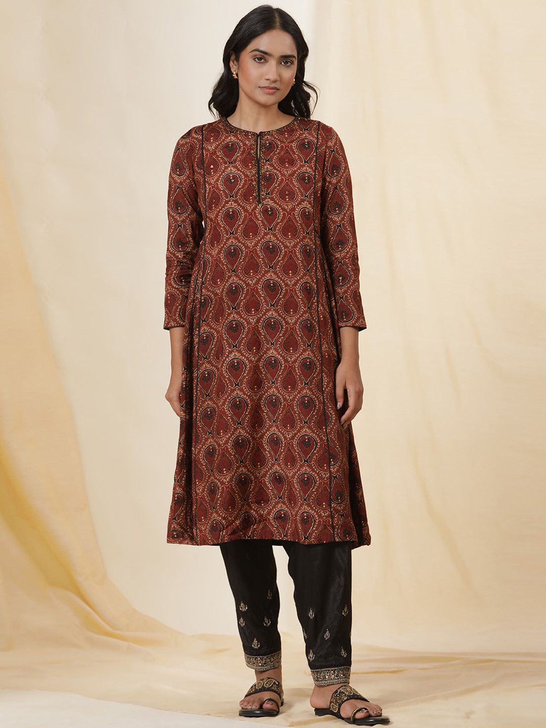 Folk Song  BroFolk Song n Ethnic Motifs Folk Song oven Design Sequined Panelled A-Line Kurta