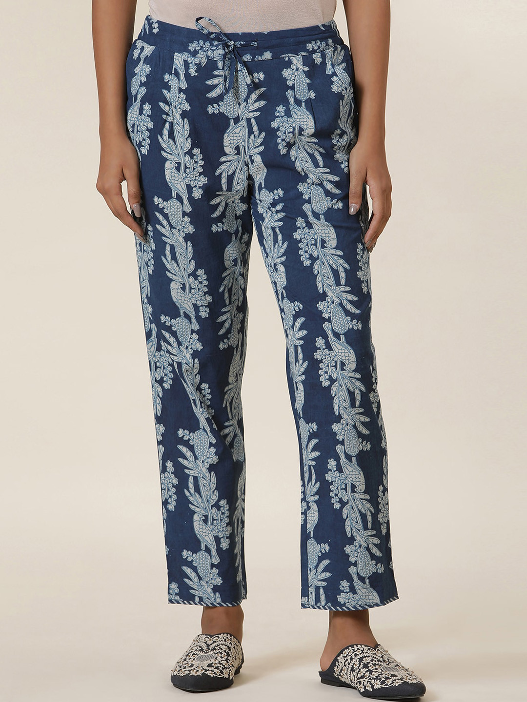 Folk Song  Blue Folk Song omen Ethnic Motifs Printed Mid-Rise Cotton Trousers