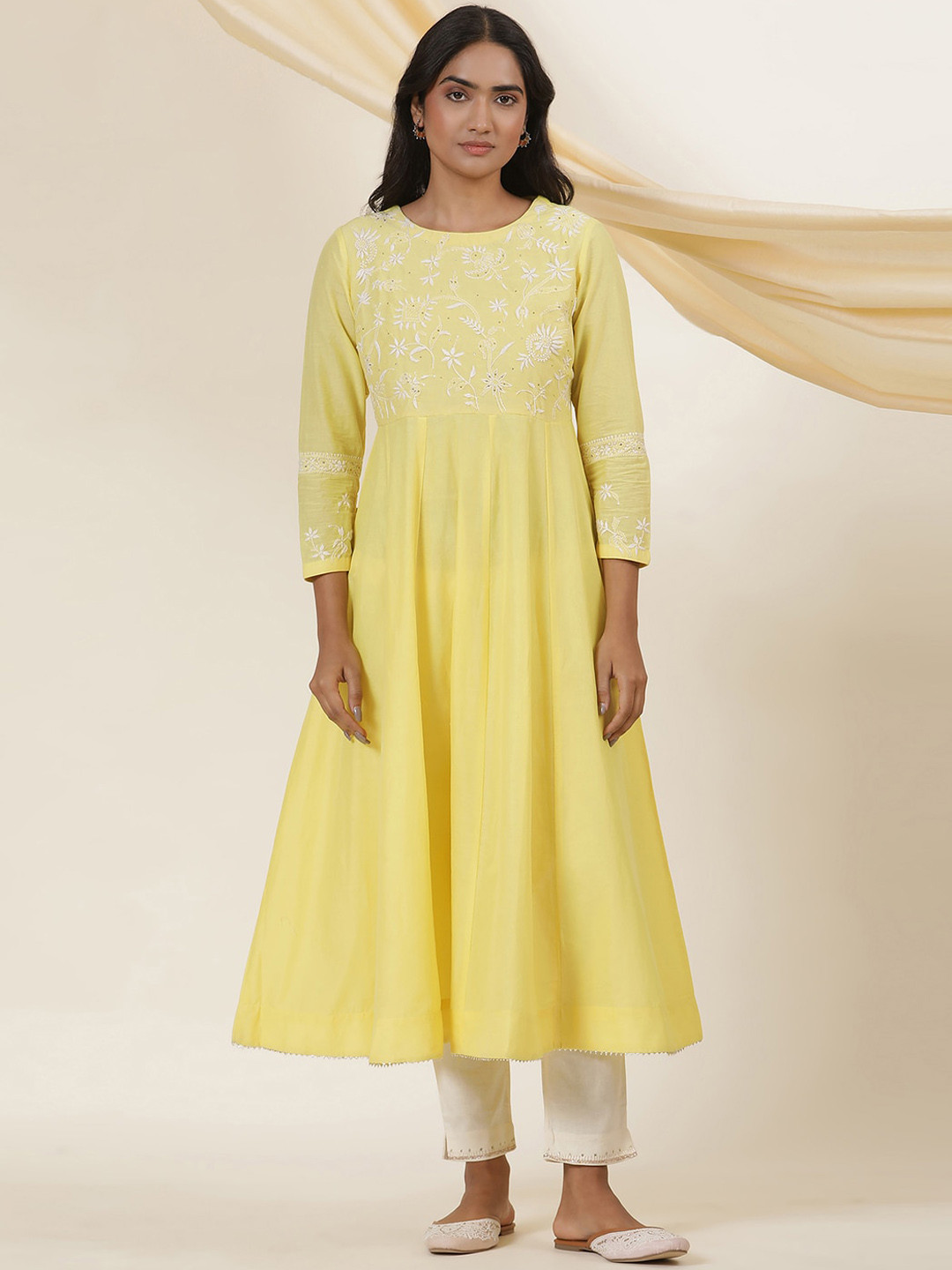 Folk Song  YelloFolk Song  Floral Embroidered Thread Folk Song ork Cotton Empire Anarkali Kurta