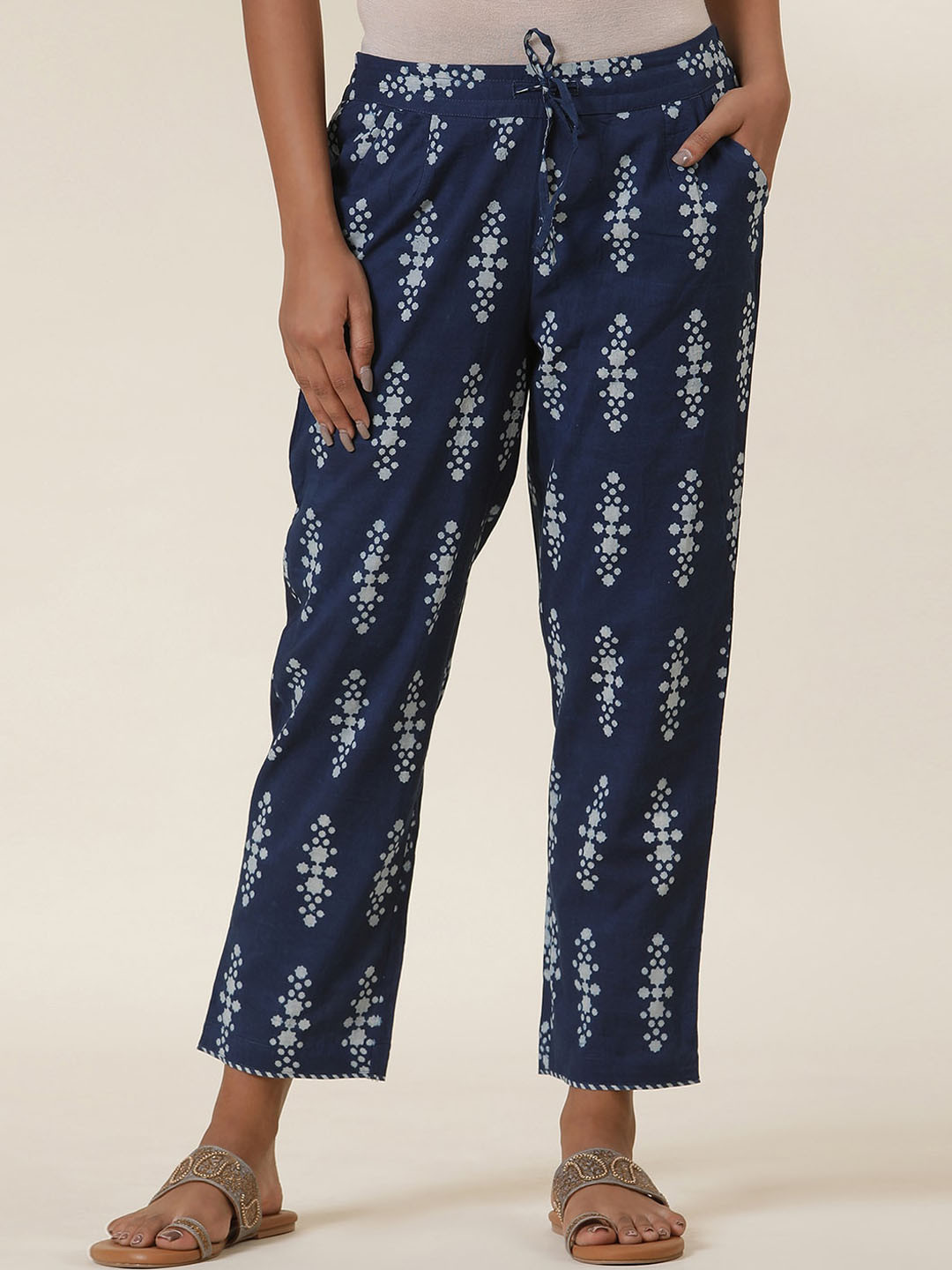 Folk Song  Blue Folk Song omen Ethnic Motifs Printed Mid-Rise Cotton Trousers