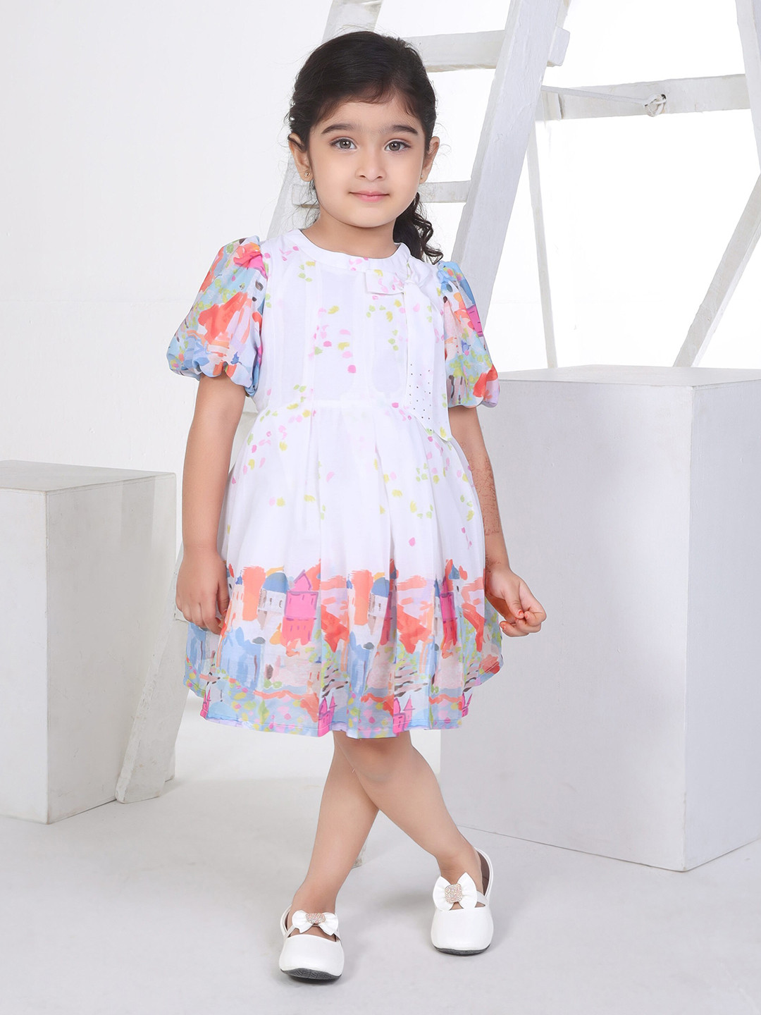 Peppermint Crazy Crayon Girls Abstract Printed Puff Sleeves Chiffon Fit and Flare Dress