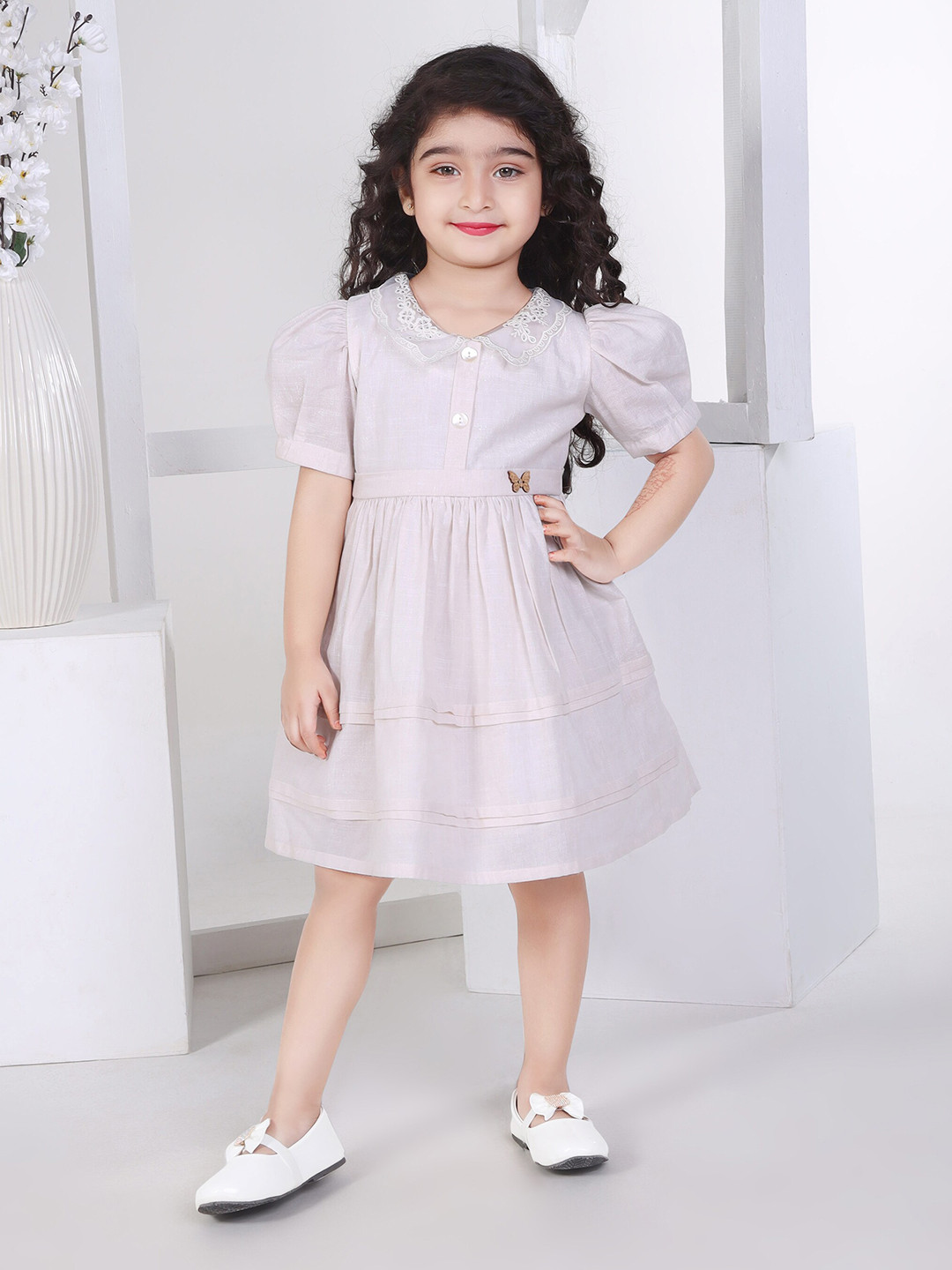 Peppermint Girls Self Design Peter Pan Collar Puff Sleeve Gathered Fit & Flare Dress