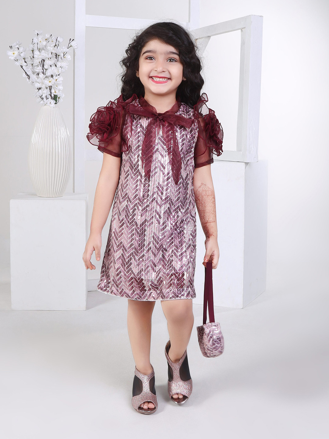 Peppermint Girls Geometric Embellished Tie-Up Neck Sequined A-Line Party Dress