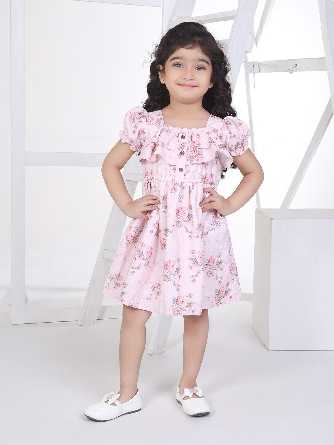 Peppermint Earthy Essence Girls Floral Printed Round Neck Puff Sleeves Fit & Flare Dress