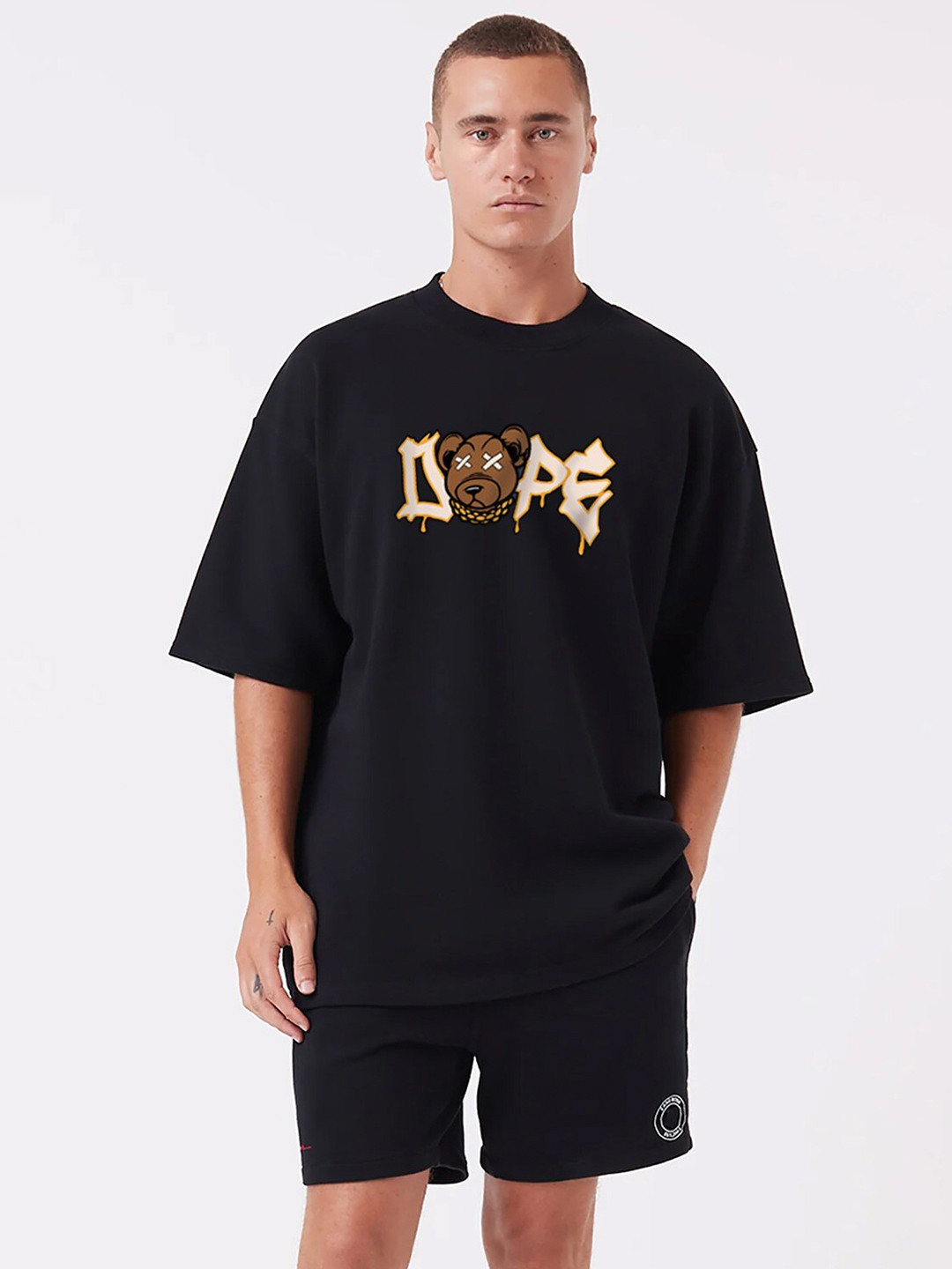 MISCHIEF MONKEY Typography Print Round Neck Drop-Shoulder Sleeves Cotton Oversized T-shirt