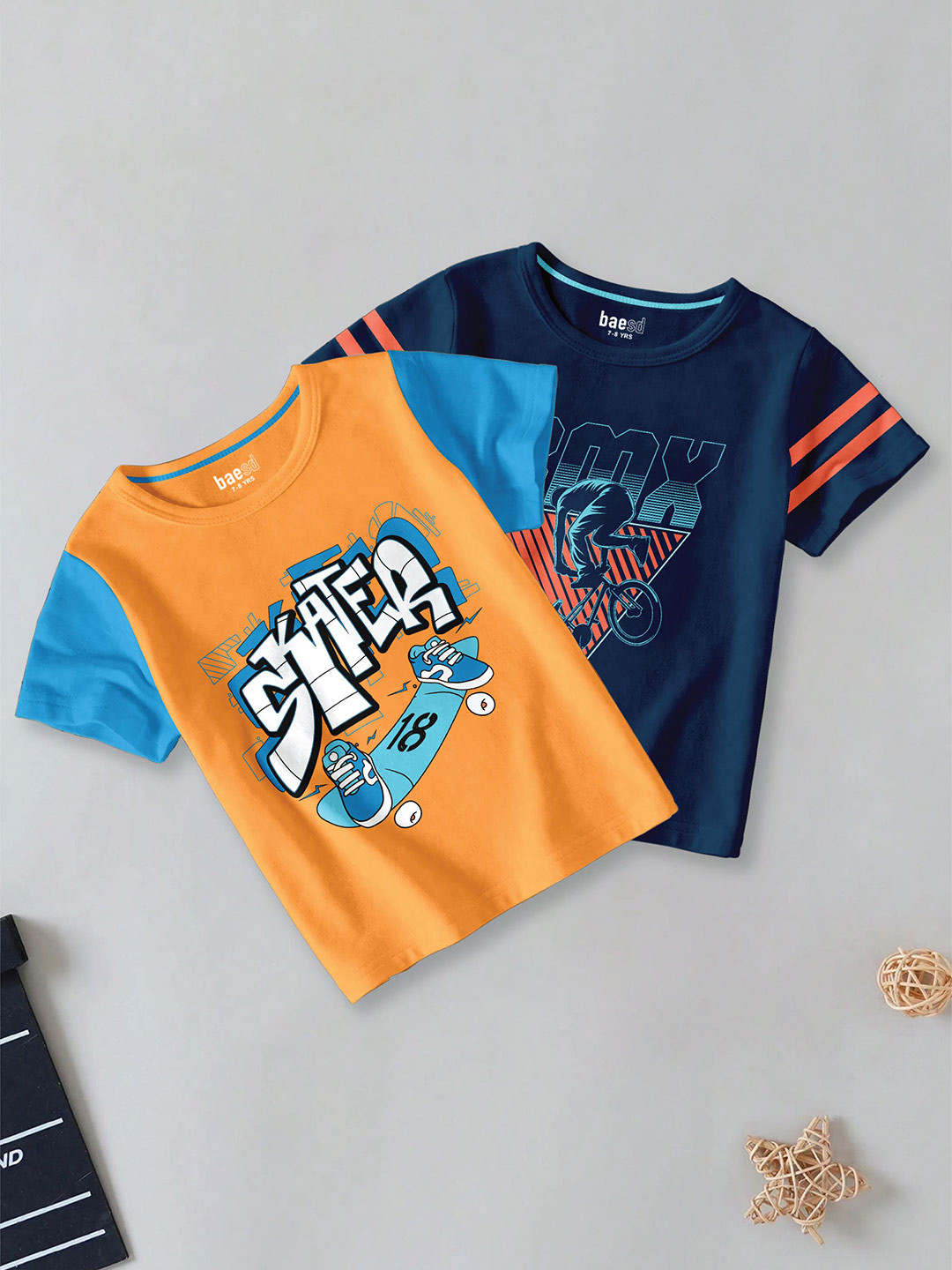 BAESD Boys Pack of 2 Typography Printed  Round Sleeves Cotton T-shirt