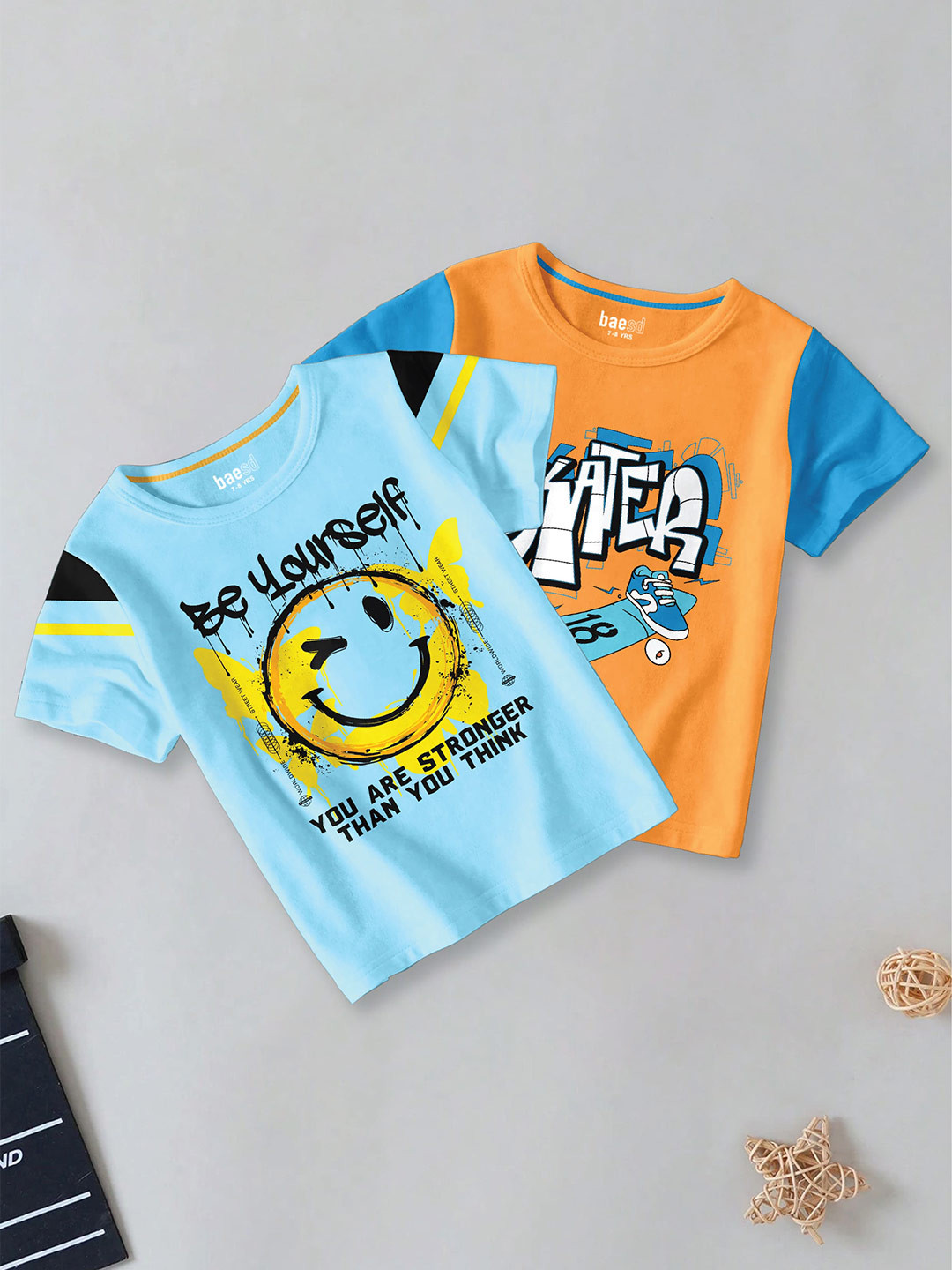 BAESD Boys Pack Of 2 Typography Printed Round Neck Cotton T-shirt